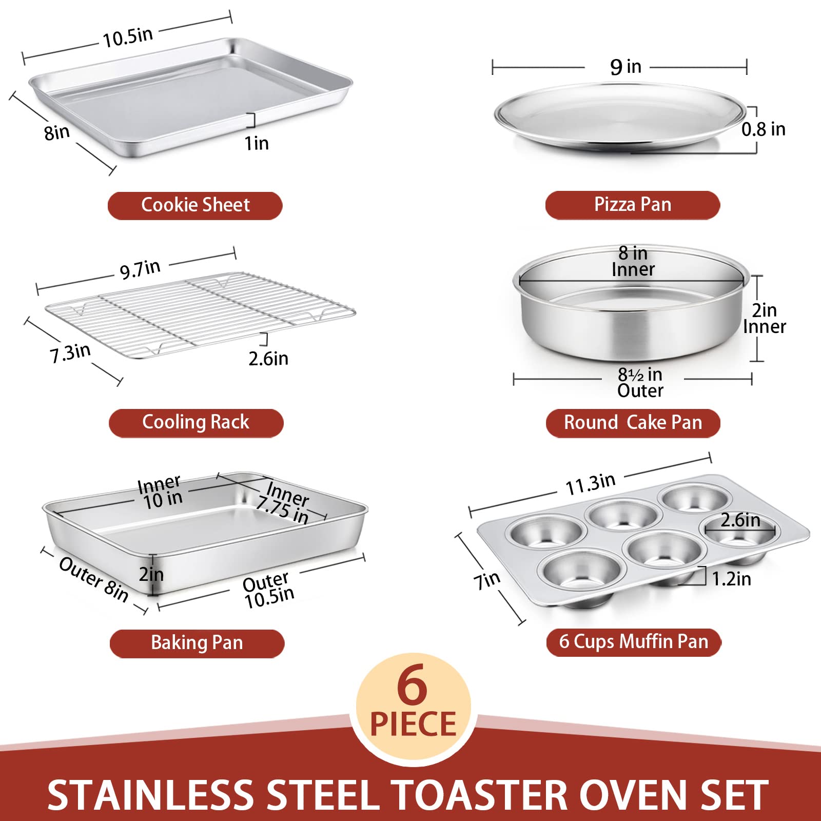 E-far Stainless Steel Toaster Oven Bakeware Set, 6-Piece, Non-Toxic, Easy Clean, Silver