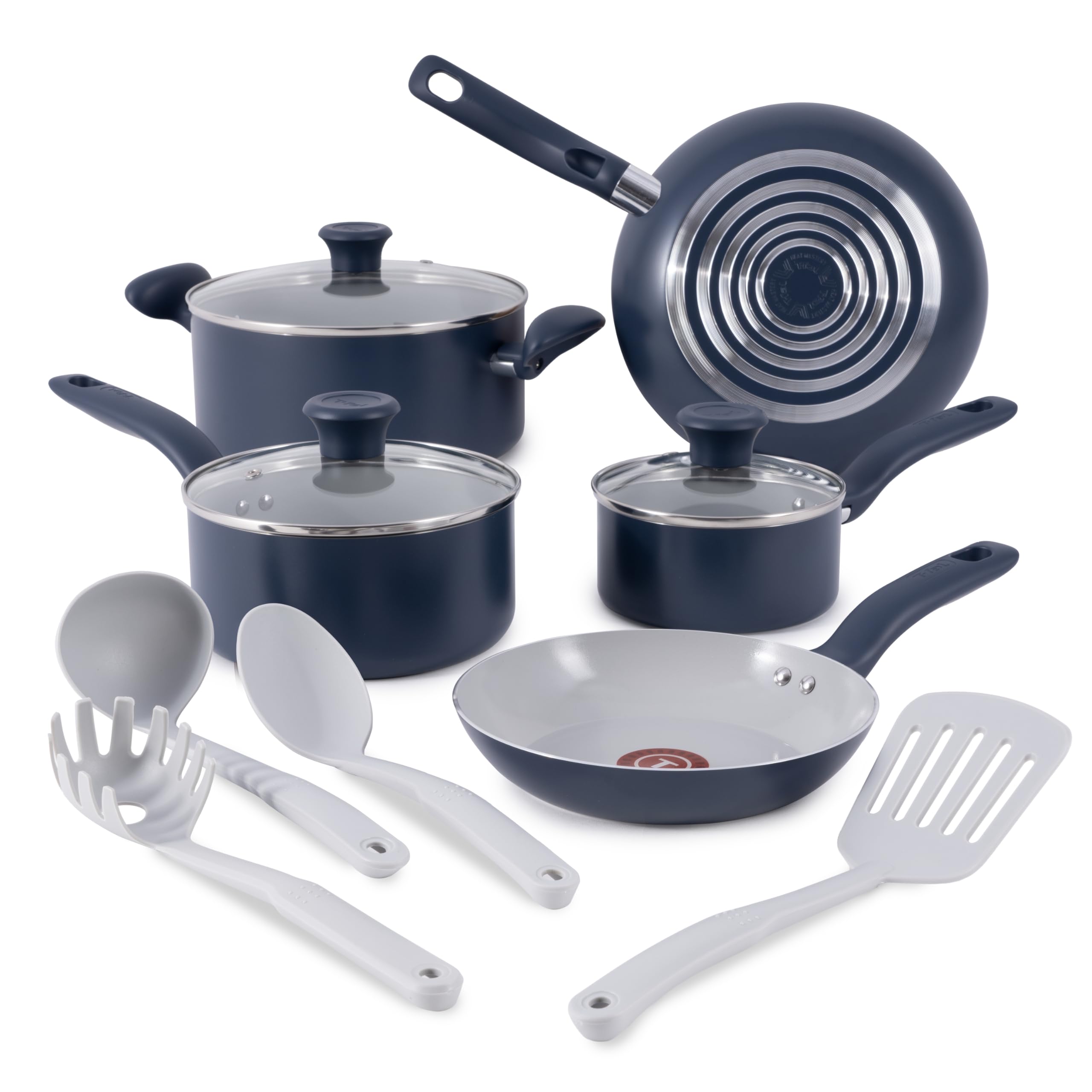 T-Fal Ceramic Nonstick Cookware Set, Oven Safe Up to 350F, 12-Piece, Includes Stockpot, Frying Pans, Utensils, Ceramic Pots and 