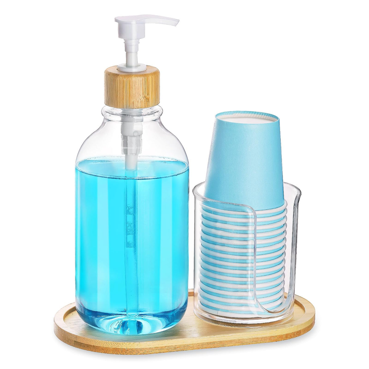 Mouthwash Dispenser With Cup Holder, Plastic Mouth Wash Pump Bottle With Tray For Bathroom Organizers, 17Oz Refillable Clear Mou