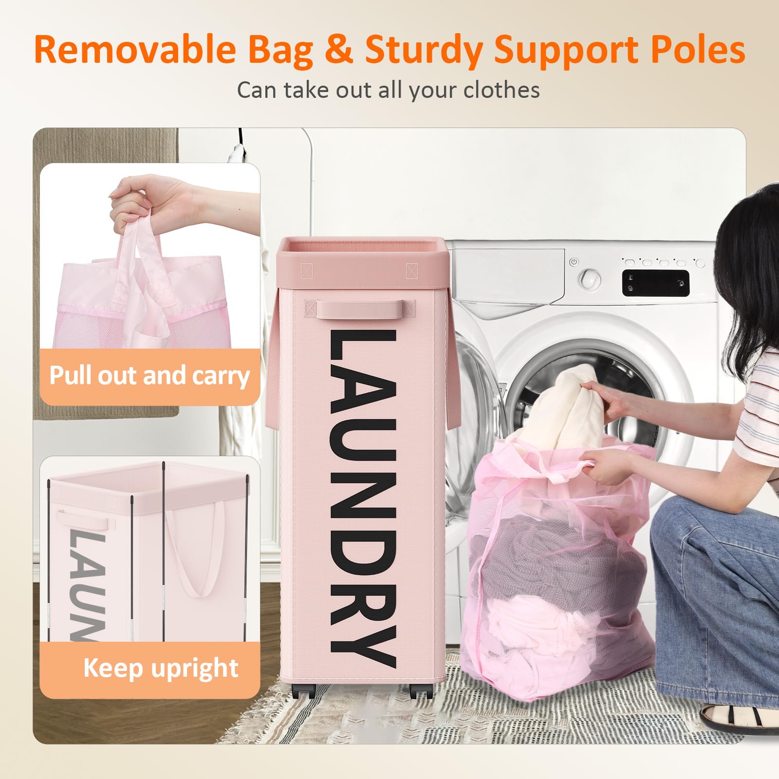 Optish 90L Rolling Laundry Basket With Wheels, 29 In Hamper With Wheels And Removable Mesh Bag, Pink Laundry Baskets On Wheels F