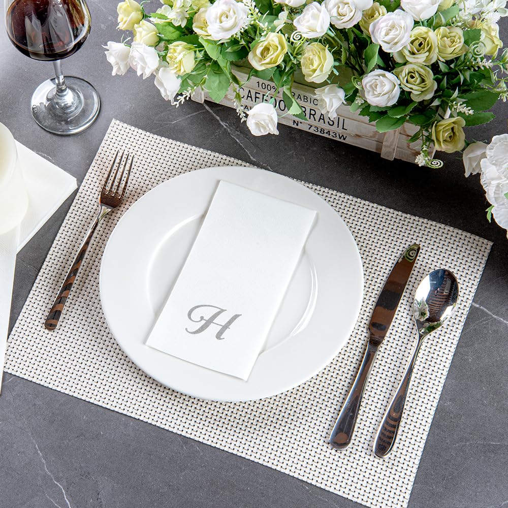 Luxenap 15.8 X 7.9 Inch Linen-Feel Guest Towels, 2000 Lettered Hand Towels - Silver Letter 'H', Cursive Font, White Paper Dinner