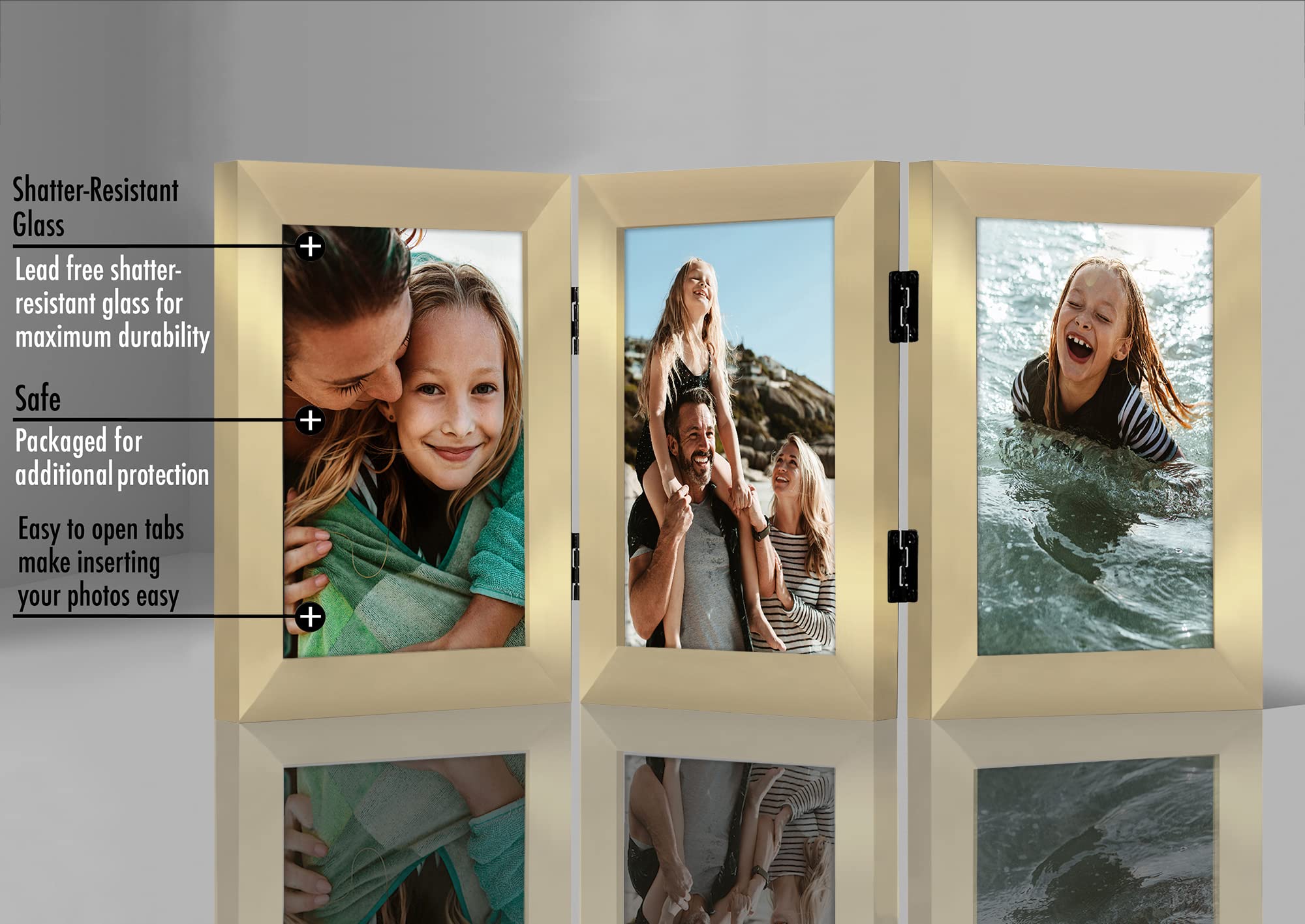 Americanflat Hinged 3 Picture Frame 5x7 with Shatter-Resistant Glass - Signature Collection - Foldable Picture Frame for Tableto