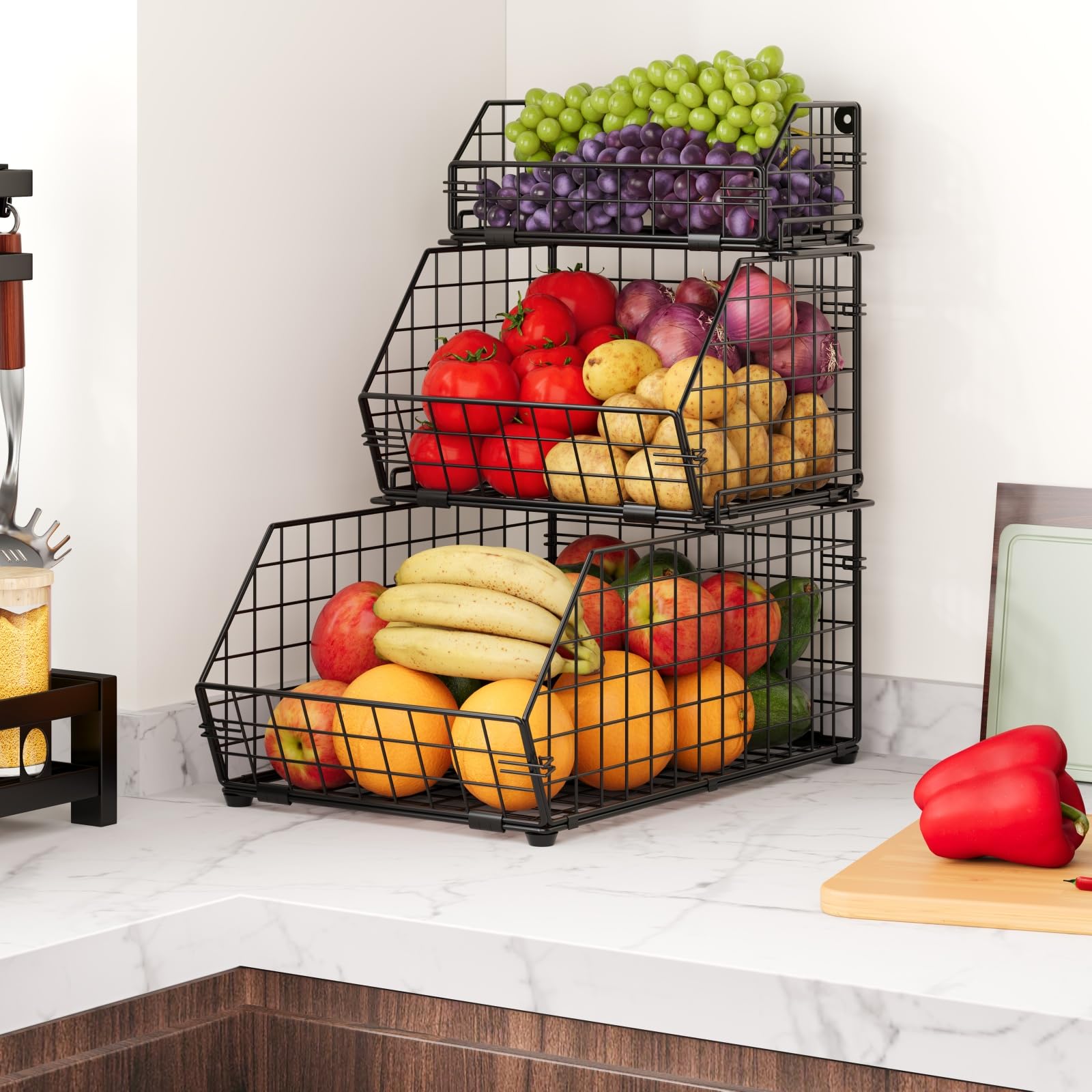 Yuzehuaza 3 Tier Fruit And Vegetable Basket Wall-Mounted & Countertop Organizer For Potato Onion Stackable Wire Baskets For Pant