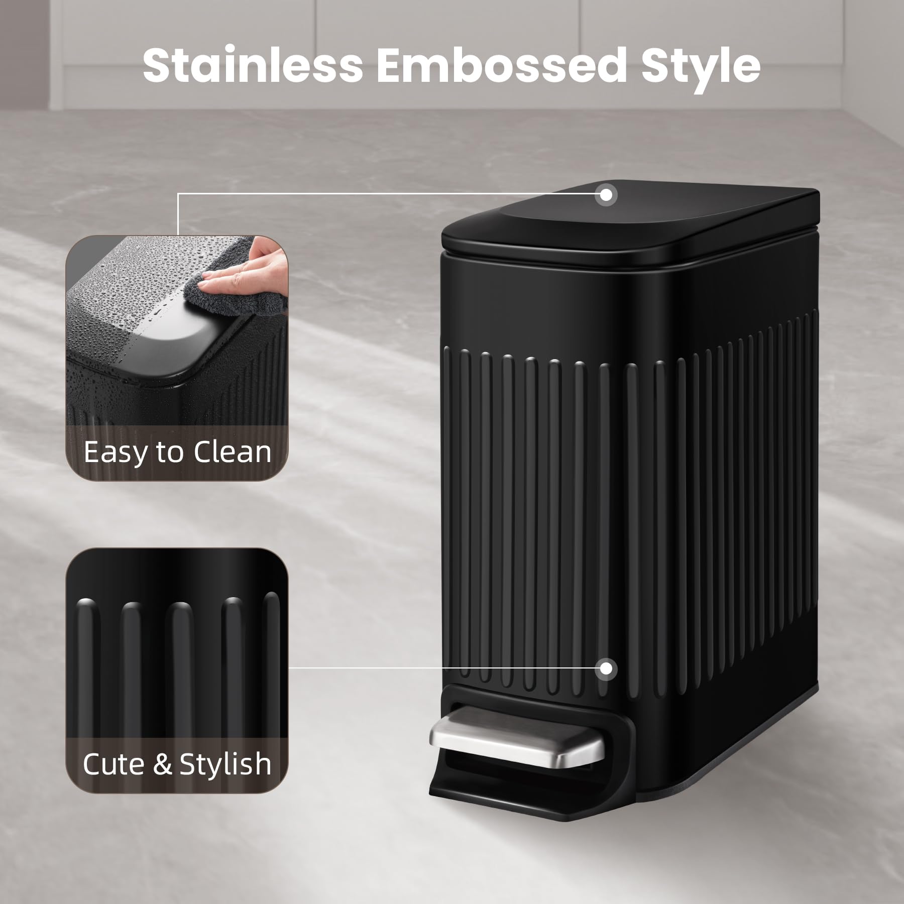 Cesun Small Black Bathroom Trash Can, 1.6 Gallon Small Stainless Steel Garbage Can With Lid And Foot Pedal, Slim Waste Basket Fo