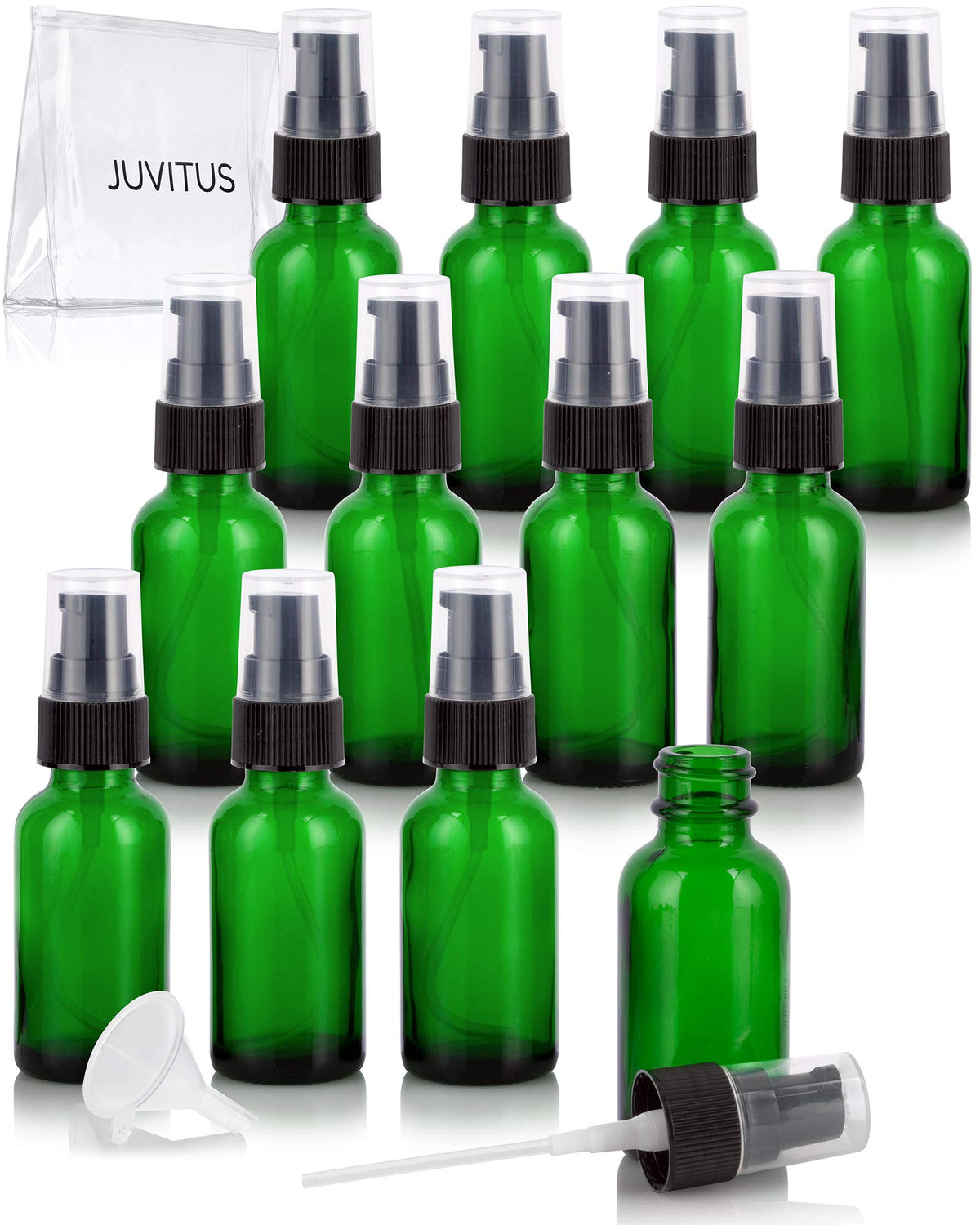 Juvitus 1 Oz / 30 Ml Green Glass Boston Round Bottle With Black Treatment Pump (12 Pack) + Clear Travel Bag And Funnel