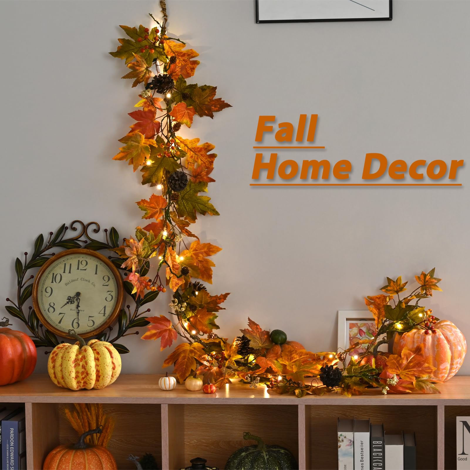 Artgar Fall Maple Leaf Garland, 6 Ft Fall Decor Garland with Pine Cones Berries, Harvest Decor Garlands with 30 Warm Lights for