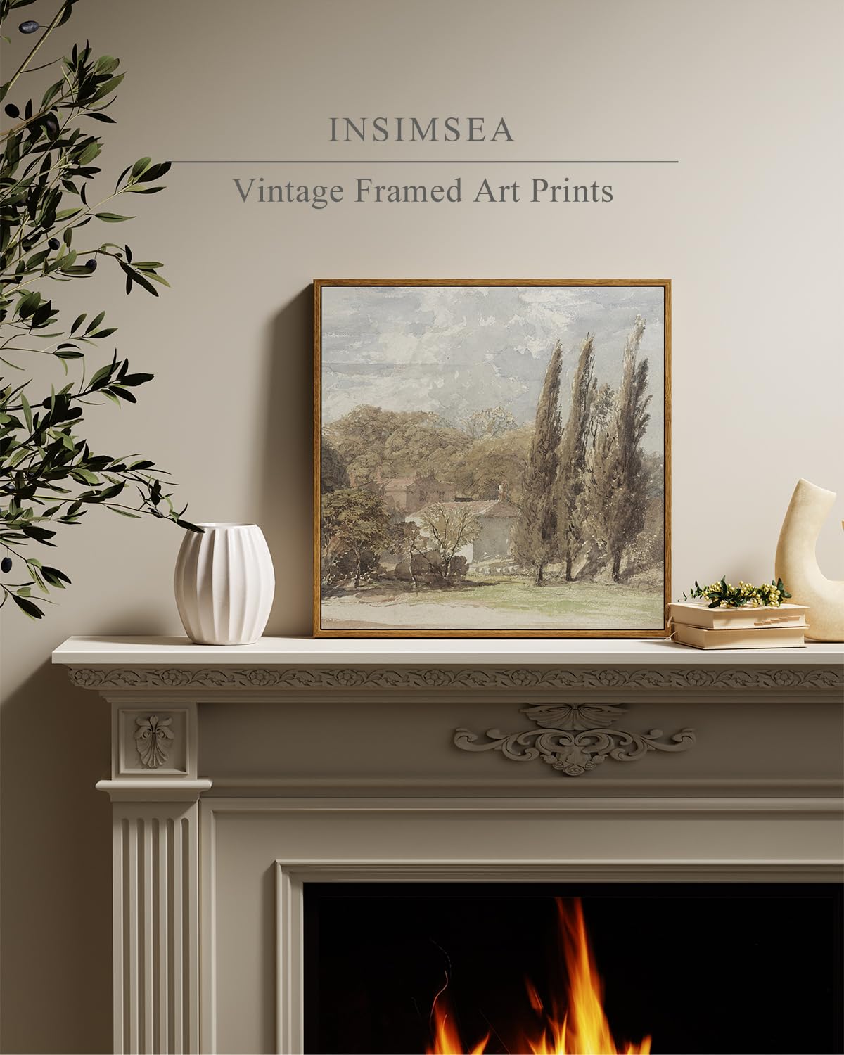 Insimsea Square Framed Canvas Wall Art, Gardens Classical Scenery Paintings, Rustic Gardens Wall Pictures For Bedroom Bathroom L