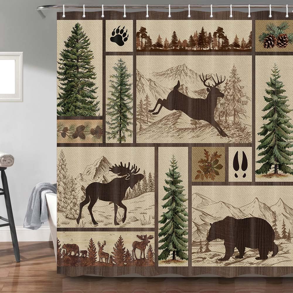 Rustic Cabin Shower Curtain For Bathroom, Forest Bear Deer Wildlife Country Bath Curtains, Hunting Camping Waterproof Fabric Bat
