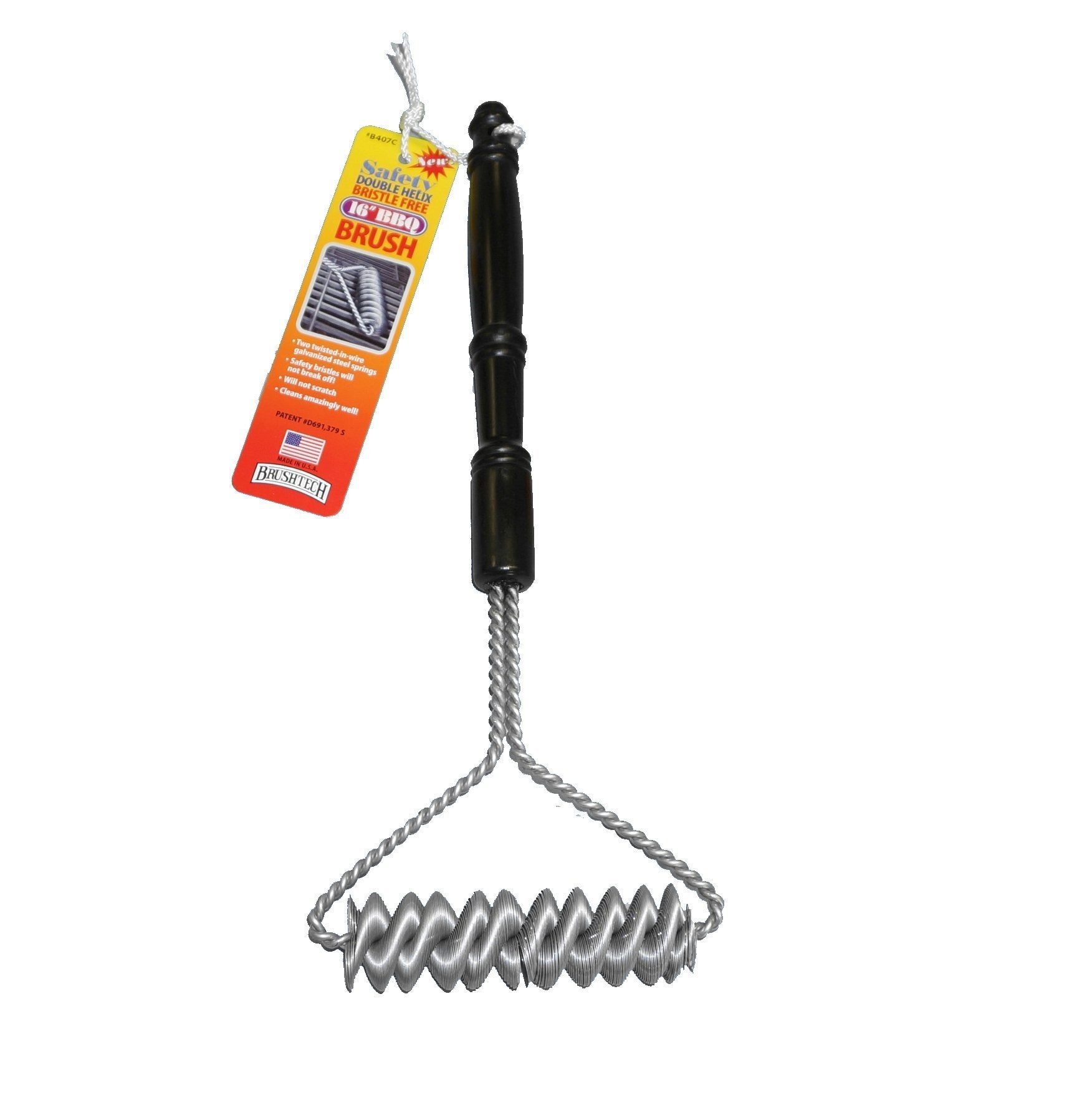 Brushtech Double Helix Grill Brush - Bristle-Free BBQ Cleaner, 16" Long, Galvanized Steel, Heavy-Duty, Black, Model B407C