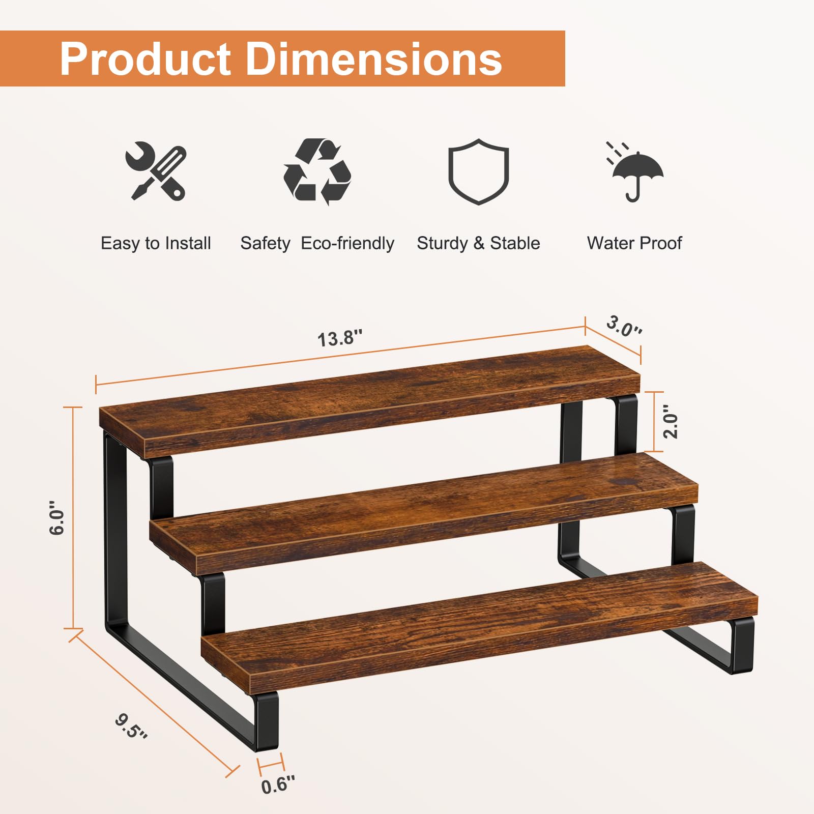 Giikin 3-Tier Spice Rack, 13.8 Inch Wood Step Shelf Countertop Spice Storage Holder, Kitchen Pantry Cabinet Organizer Cupboard f