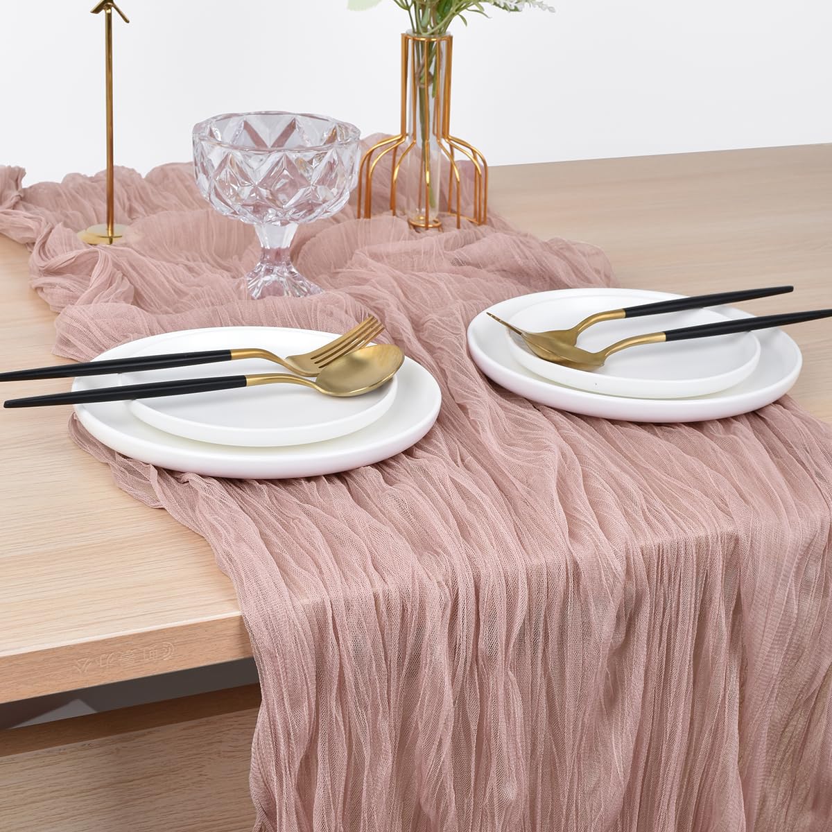 Joanlody Dusty Rose Cheesecloth Table Runner Fall Thanksgiving 10Ft Rustic Gauze Boho Cheese Cloth Table Runner for Wedding Brid