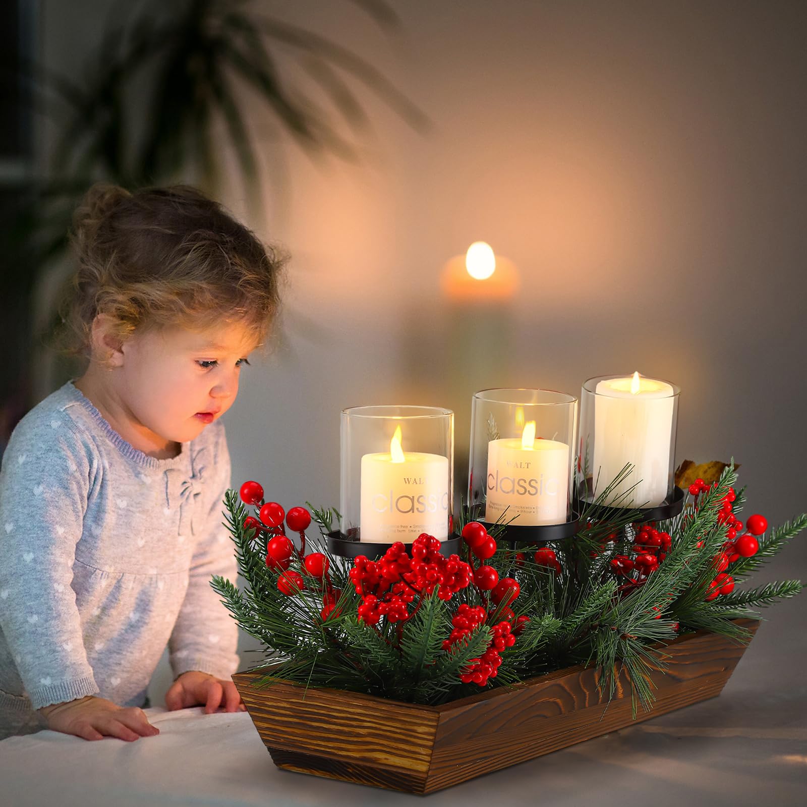 Suttmin 3 Pillar Christmas Table Centerpiece Christmas Candle Holder Artificial Red Berries Pine Cones with Steal Base Frosted B