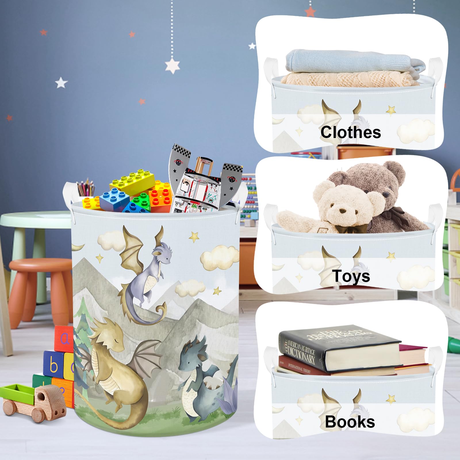 Clastyle 63L Large Dragon Kid Laundry Hamper With Handle For Boy Girl Collapsible Clothes Toy Storage Basket With Lid For Bedroo