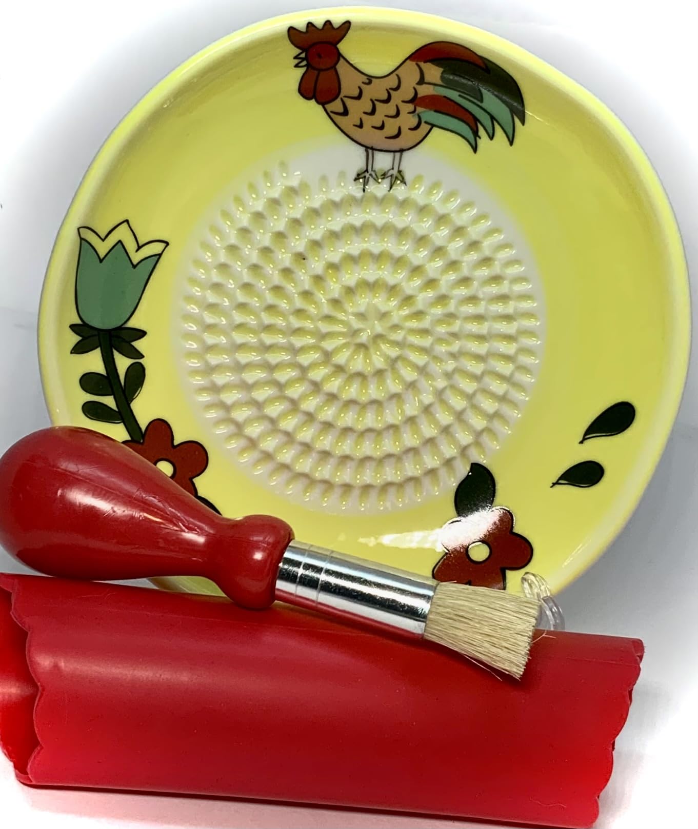 BonCera Garlic Grater Set - 4pcs Ceramic Set with Rooster Design, 5.25 inch Plate, Includes Peeler, Brush, and Stand, Model G-018