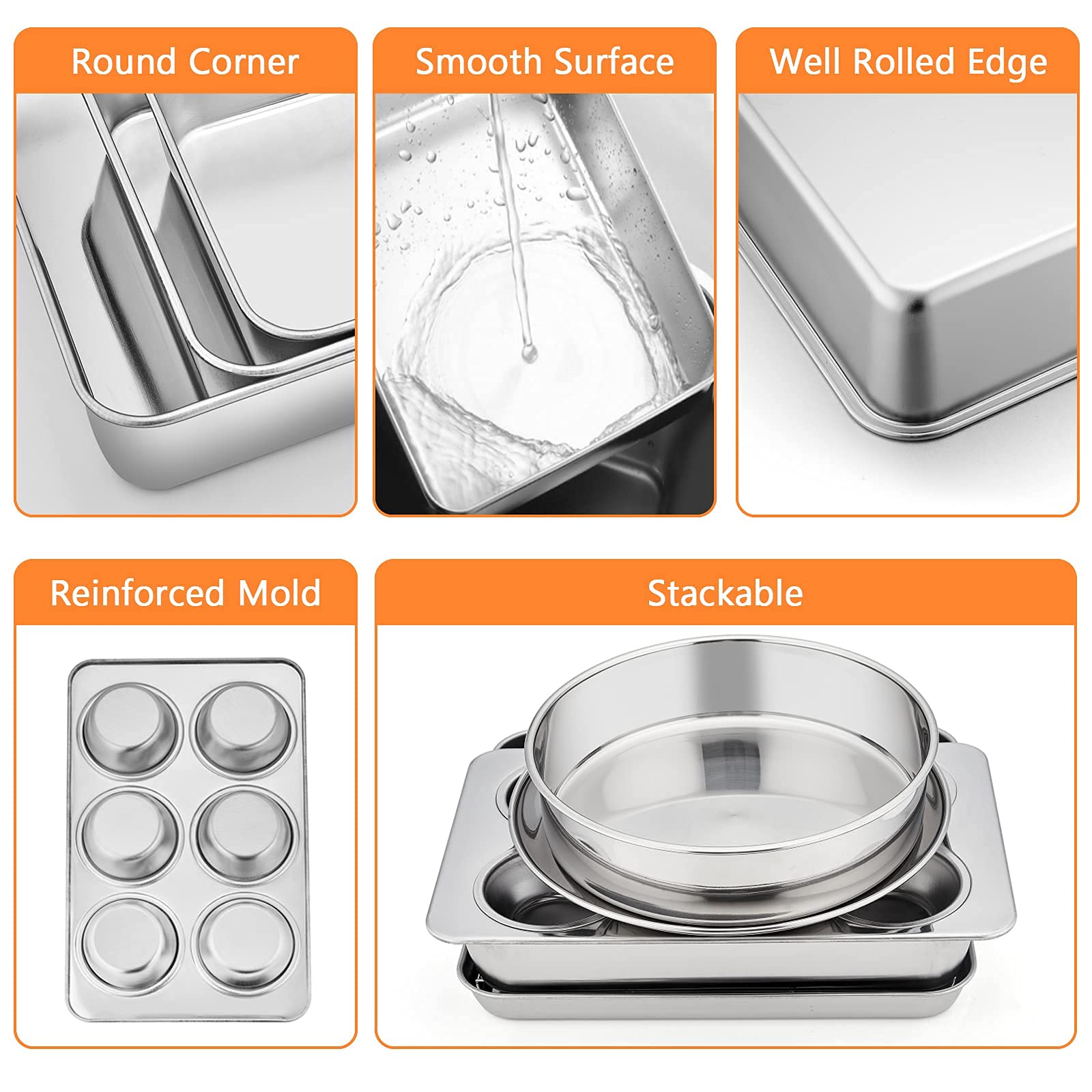 Toaster Oven Bakeware Set, E-Far 8-Piece Stainless Steel Small Baking Pan Set, Include 6-Inch Cake Pan/Rectangle Baking Pan/Cook
