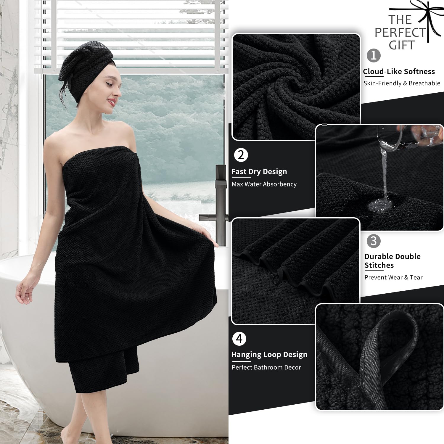 8 Piece Bathroom Towel Set Black |2 Oversized Large Bath Towels Sheet 2 Hand Towels and 4 Washcloths| 600GSM Ultra Soft Luxury Premium Towel Set Highly Absorbent Quick Dry Hotel Towel Collection