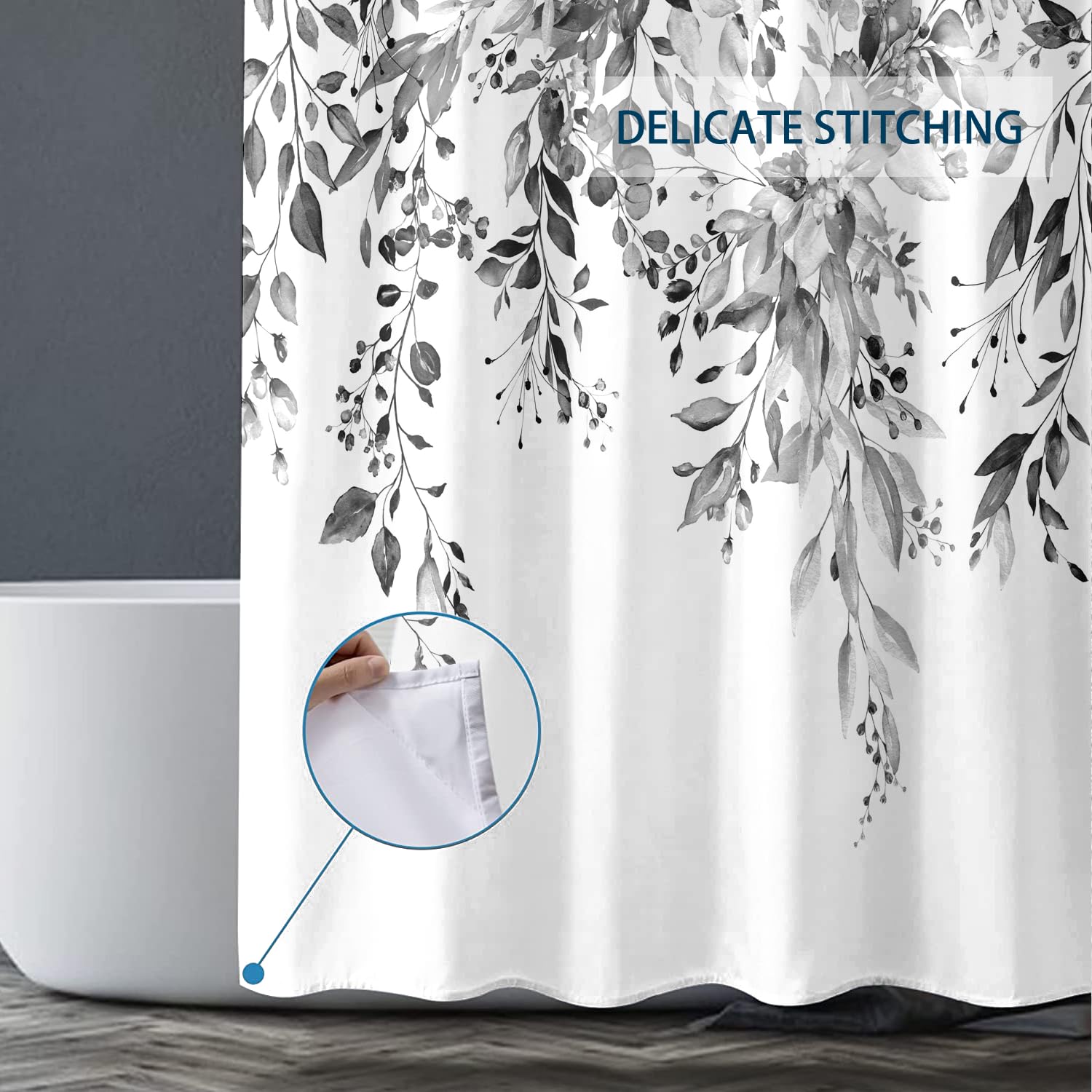 Bivinar Black And White Eucalyptus Leaves Shower Curtain, Watercolor Plant Floral Bathroom Shower Curtain, Fabric Waterproof Bot