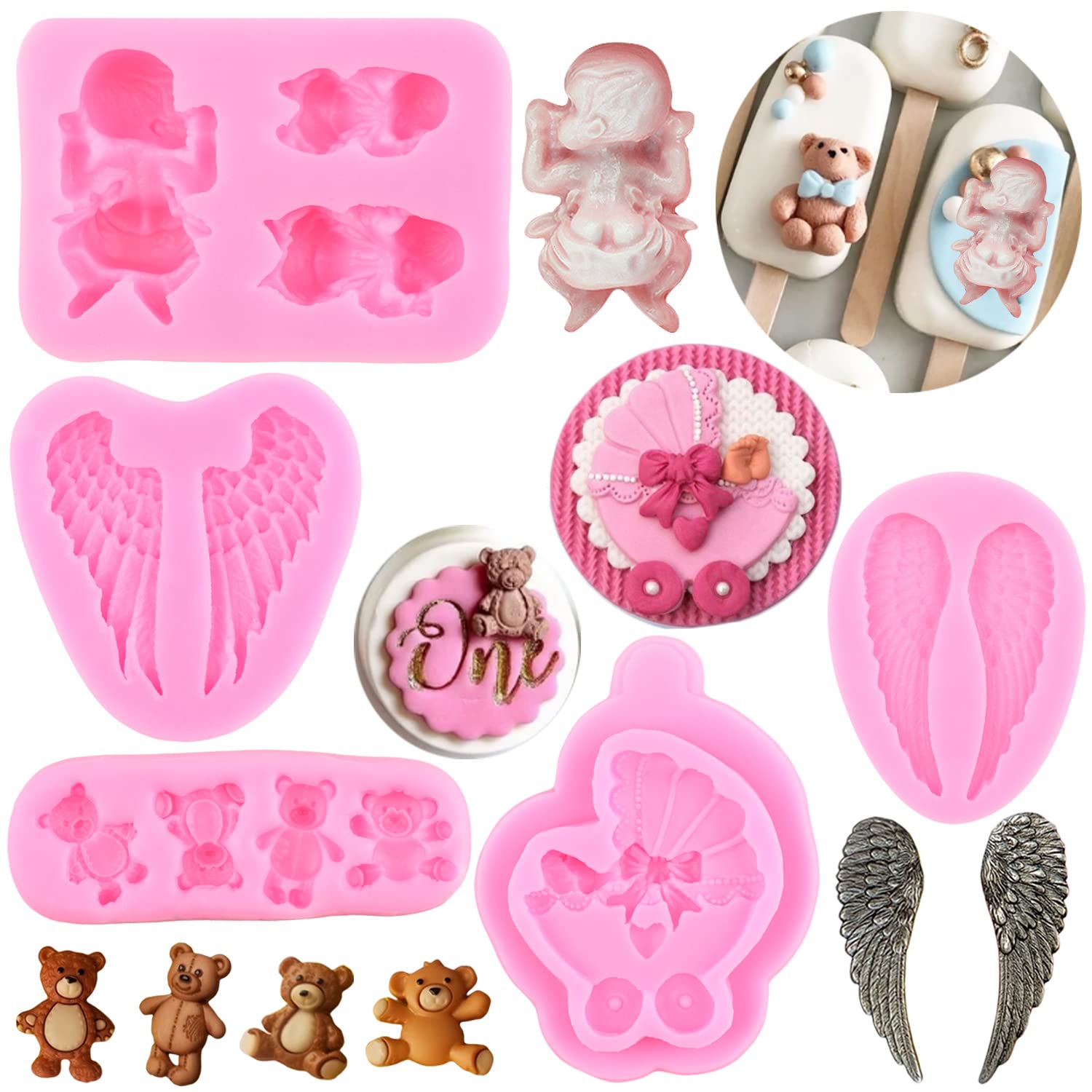 Mypracs Baby Silicone Fondant Mold Baby Shower Themed Fondant Molds Angel Wings Mold Bear Candy Molds Baby Carriage Mold For Cup