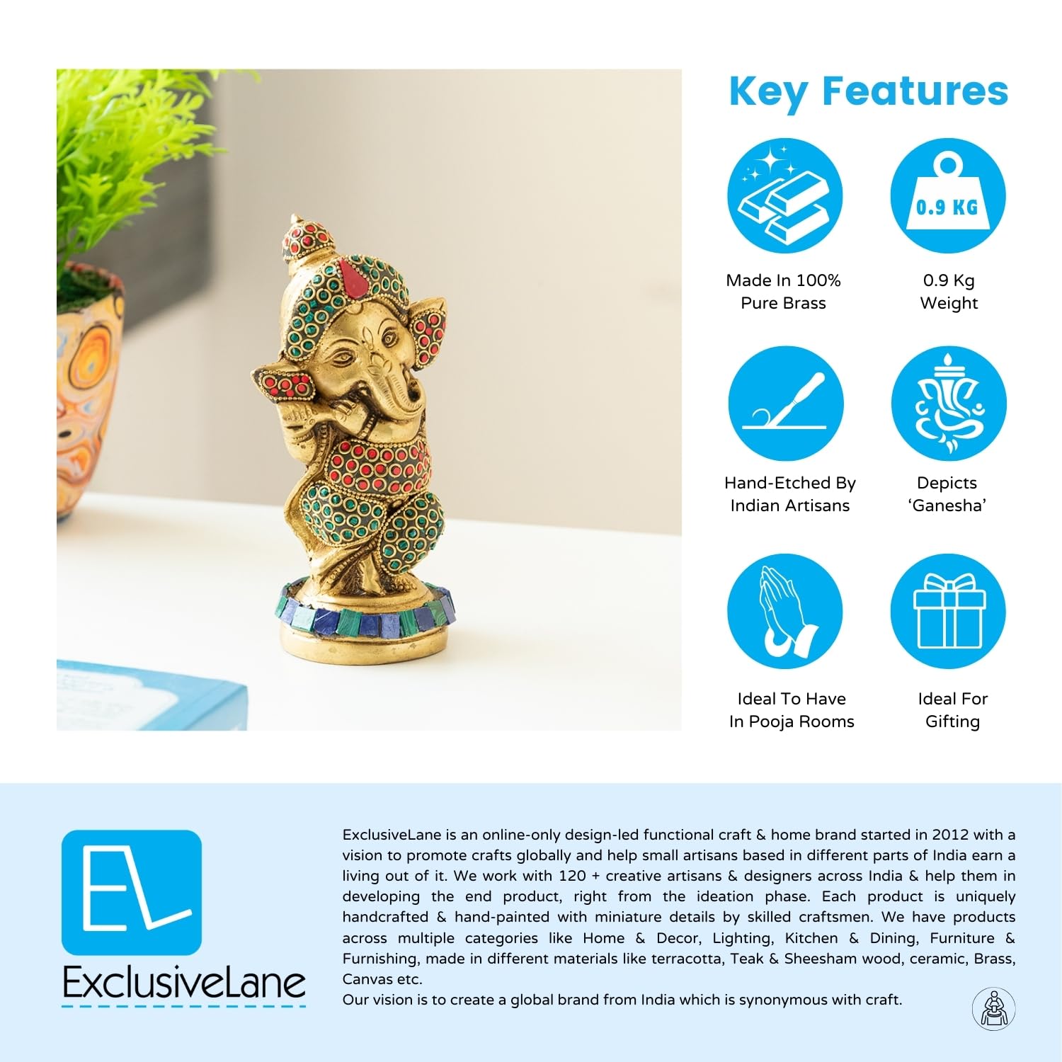 Exclusivelane Englighted Ganesha Idol For Home Dcor (Pure Brass, 0.9 Kg) | Lord Ganesh For Pooja Room, Murti, Statue, Ganpati