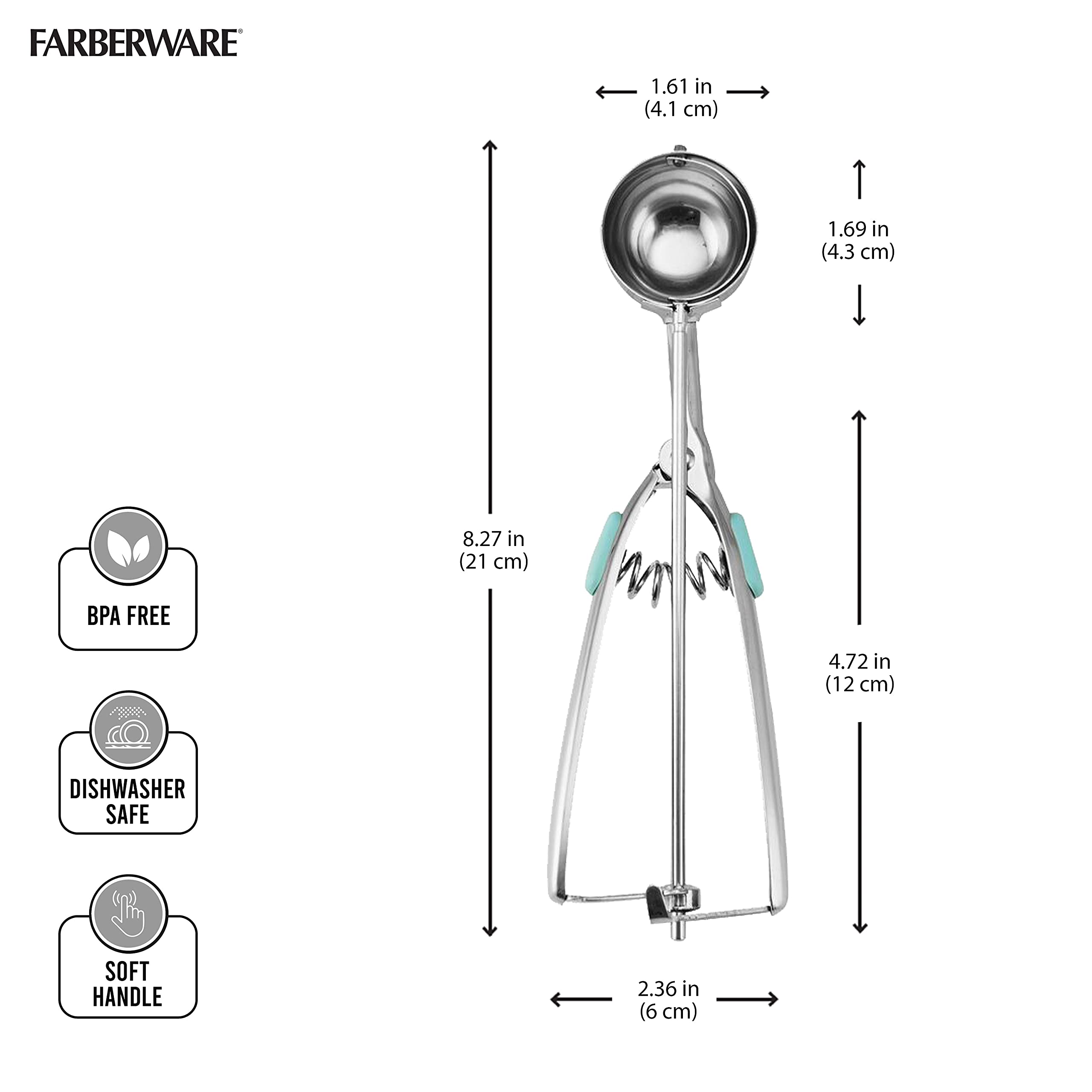 Farberware Stainless Steel Cookie Dough Scoop, 8.27 Inch, Aqua Sky, Model 5216363