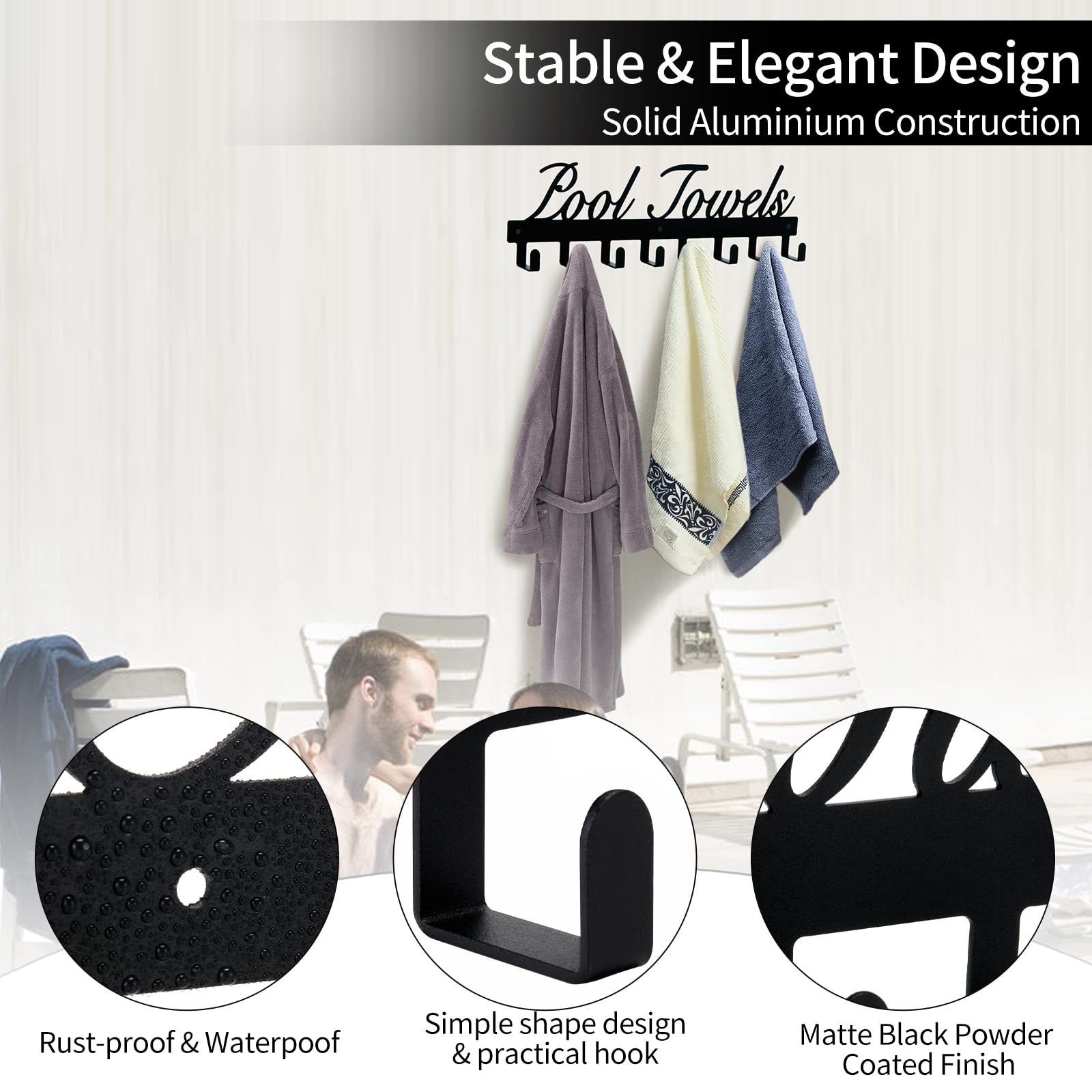 Azmoncy Pool Towel Rack, Wall Mount Pool Towel Holder Towel Hanger Towel Hooks With 8 Hooks For Hanging Heavy Duty, Pool Accesso