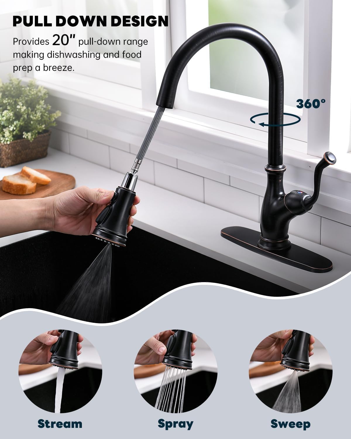 APPASO Oil Rubbed Bronze Kitchen Faucet with Soap Dispenser  Stainless Steel Kitchen Faucet with Pull Down Sprayer 3-Function High Arc Single Handle Bronze Kitchen Sink Faucet