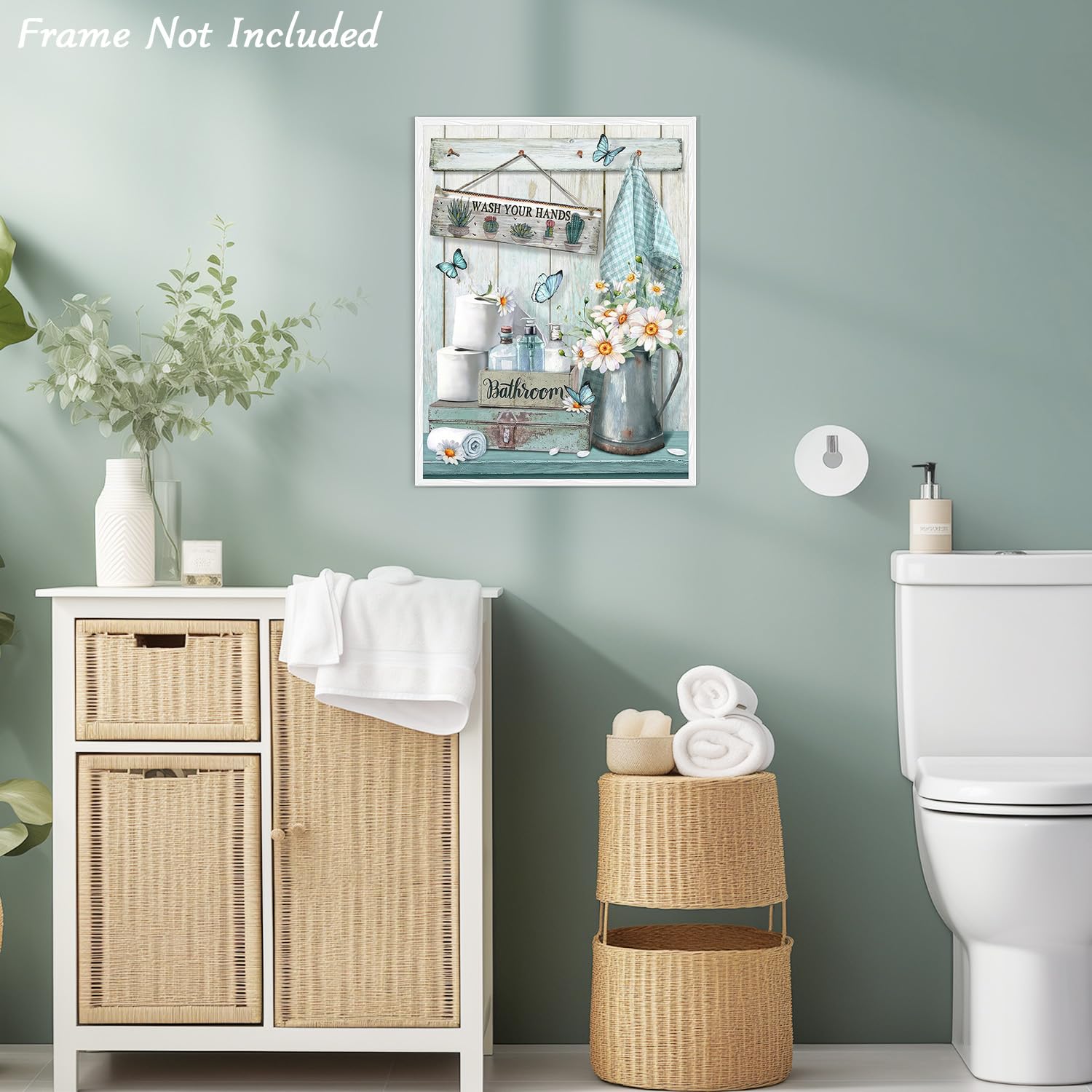 Dazzlewall Farmhouse Bathroom Decor Wall Art Rustic Teal Flower And Butterfly Pictures Wash Your Hands Sign Artwork For Bathroom