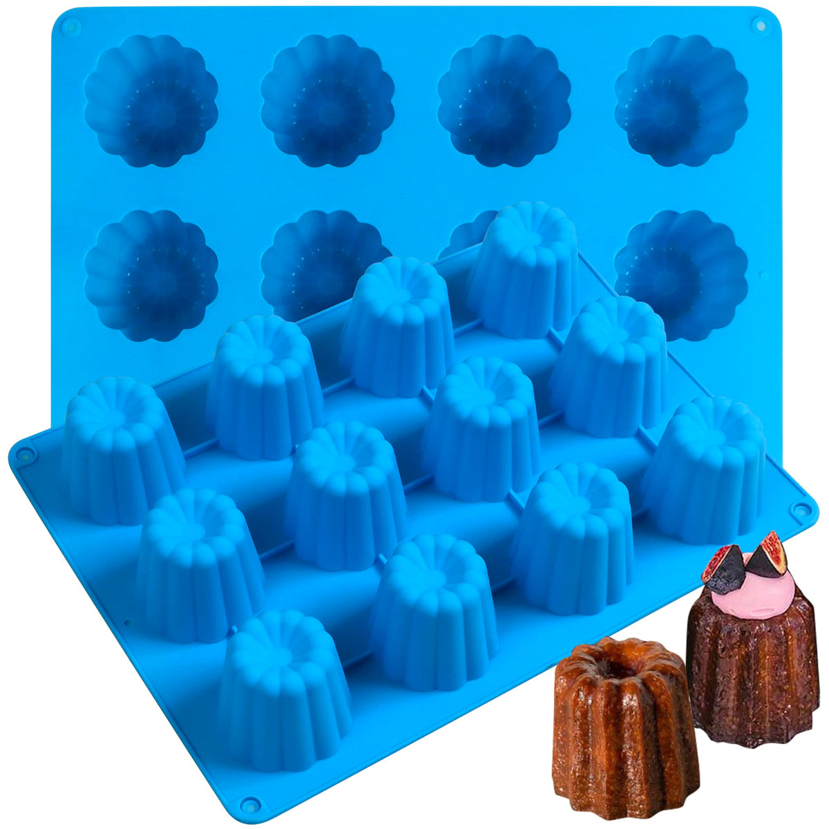 Sidosir 2Pcs Canele Mold Silicone, 12-Cavity Nonstick Canele Silicone Baking Cake Pan For Bread Muffin
