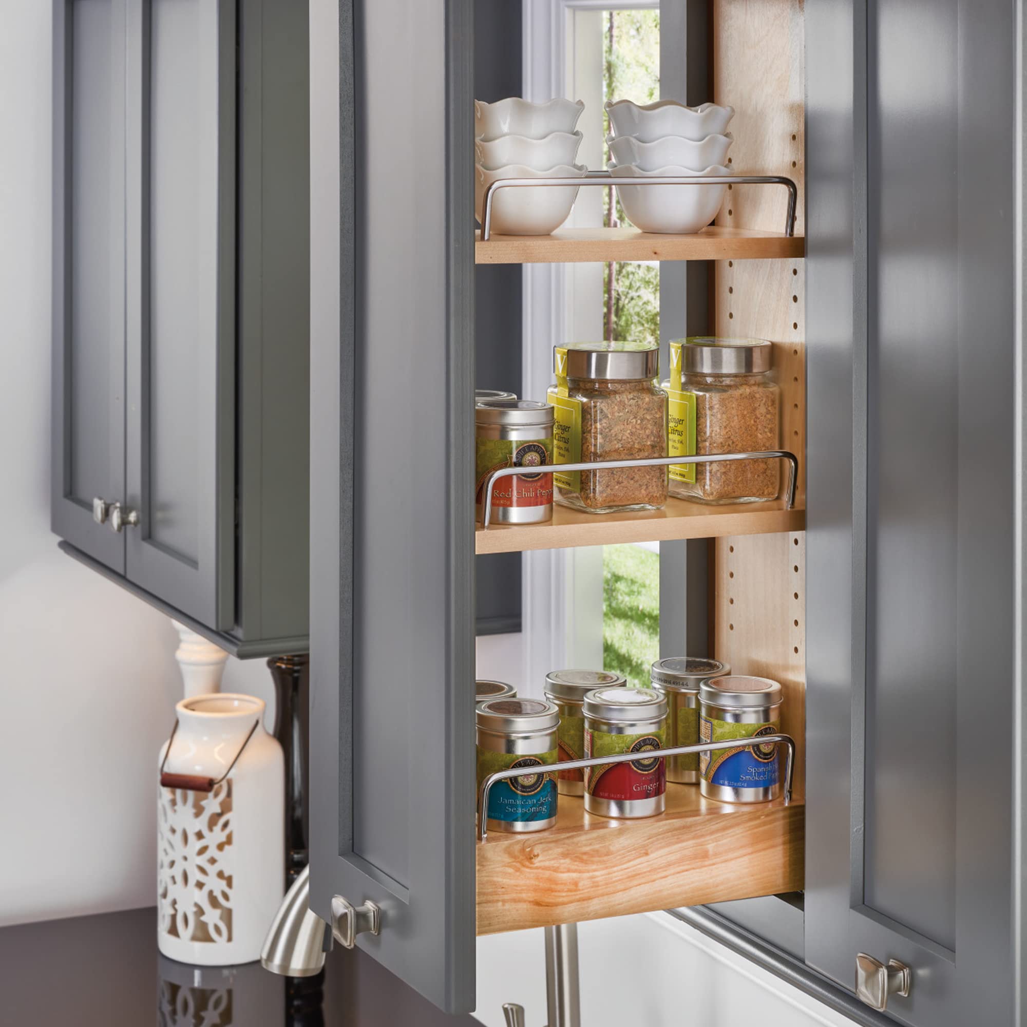 Rev-A-Shelf 8'' Pull Out Shelf Organizer For Kitchen And Bathroom Cabinets, Wooden Slide Out Spice Or Medicine Rack W/Soft-Close