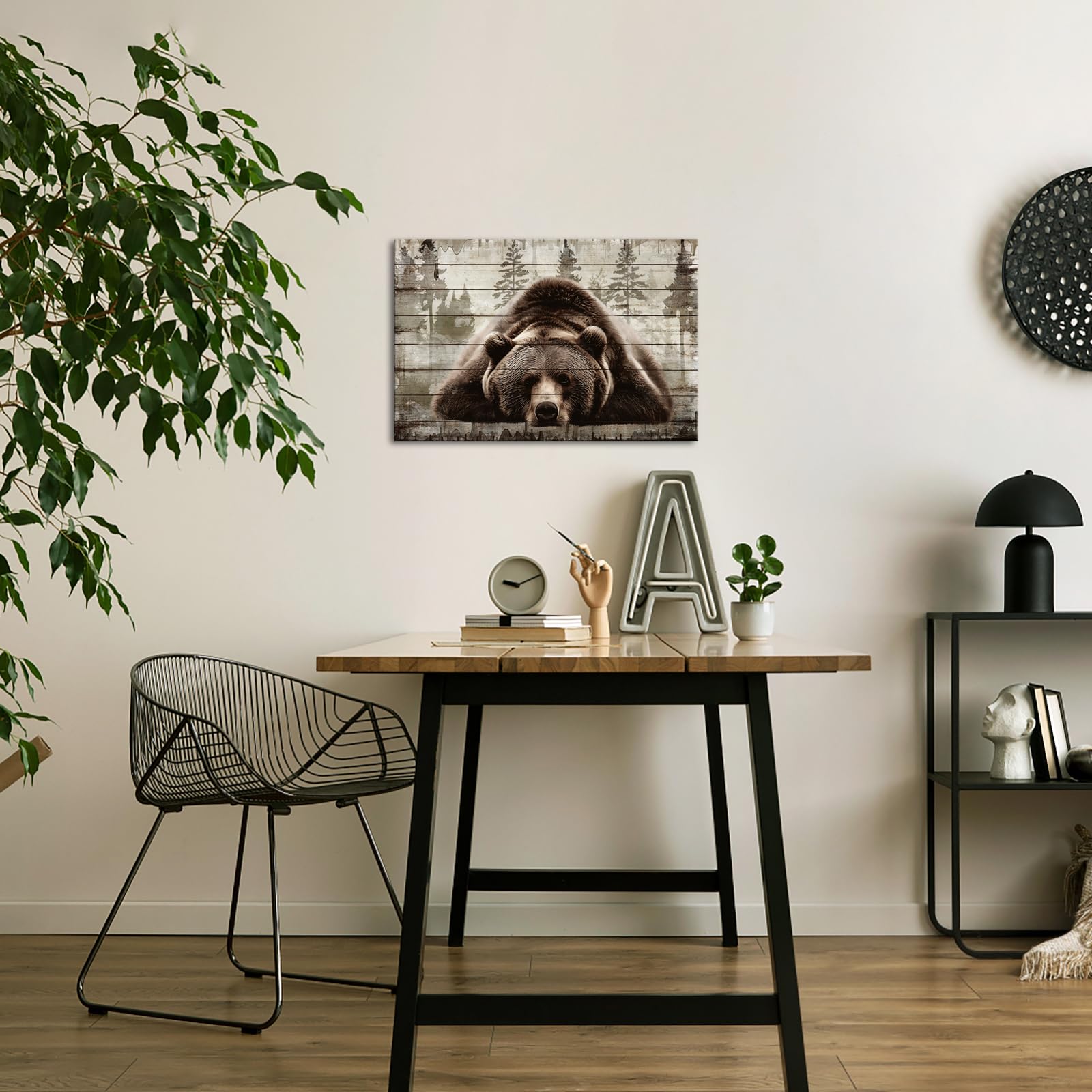 iKNOW FOTO Brown Wall Art Painting Grizzly Bear Prints On Canvas Vintage Forest Wildlife Animal Pictures Wall Art for Home Cabin Decoration Rustic Farmhouse Decor 16x24 Inches