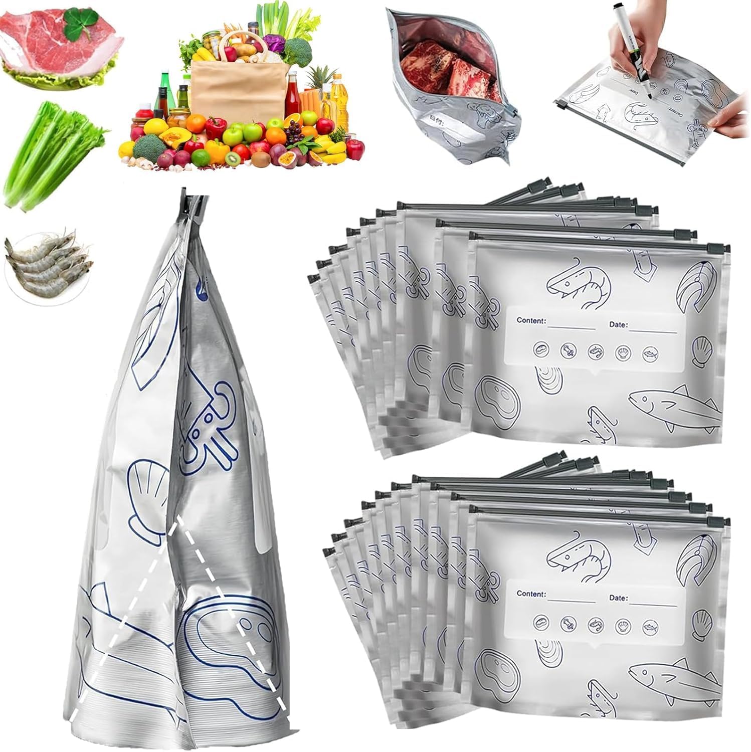 Reusable Food Storage Bags With Slider Seal, Foil Pouch Design, Writable Label Area, Washable Storage Bags For Refrigerator And 