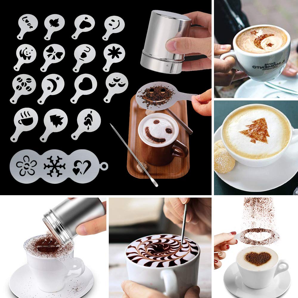 Milk Frother Handheld Coffee Art Set, Electric Coffee Frother With Milk Frother Pitcher, Powder Cocoa Shaker, Coffee Stencils, C