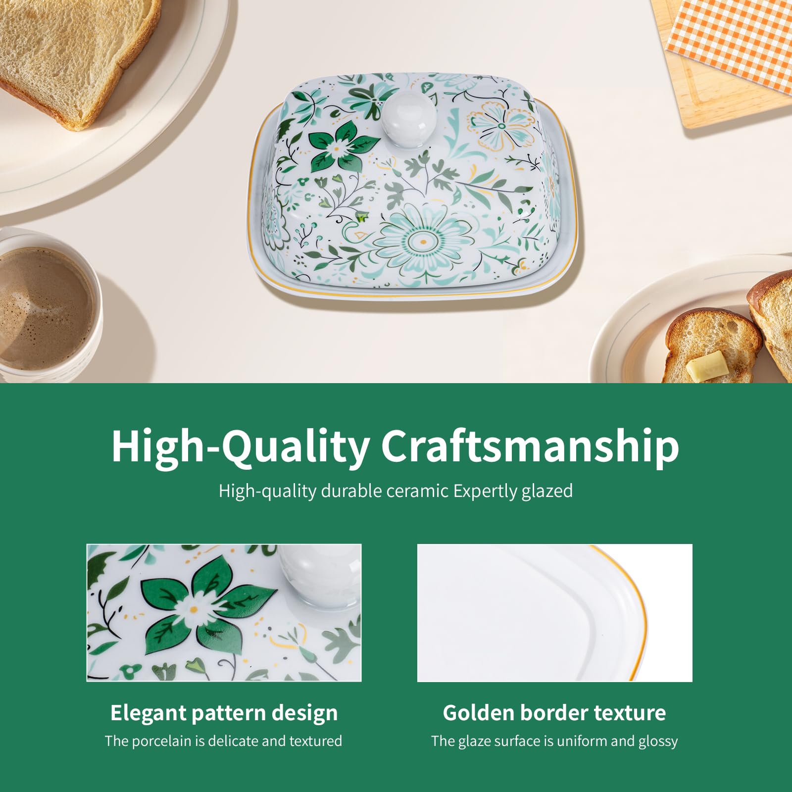 Butter Dish With Lid For Countertop-Ceramic Butter Dish with Knob Handle-Dishwasher Safe Butter Keeper&Serving Tray,Large Storag
