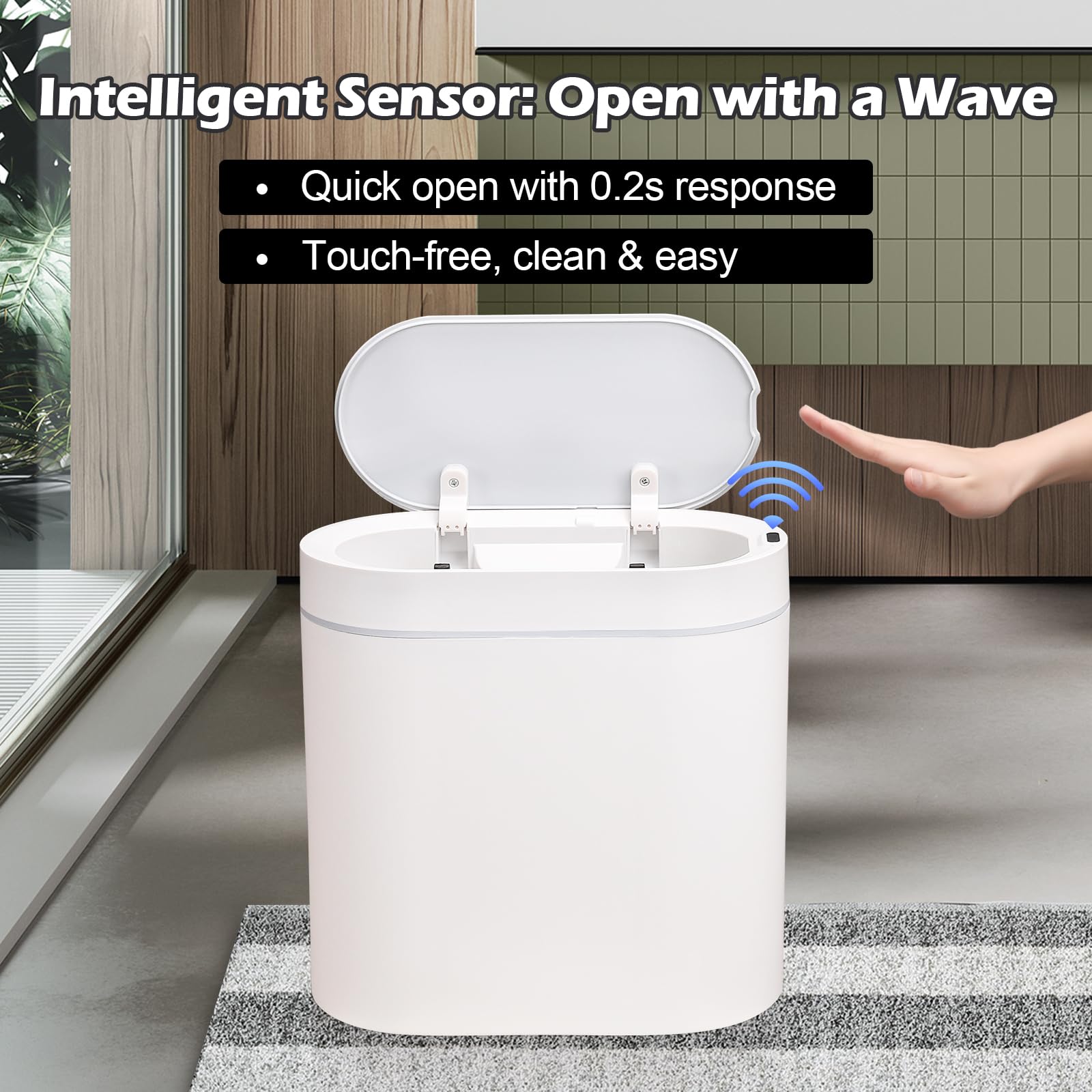 Elpheco Bathroom Motion Sensor Trash Can 2.5 Gallon Automatic Garbage Can, 9.5L Slim Plastic Smart Trash Bin With Lid, Touchless