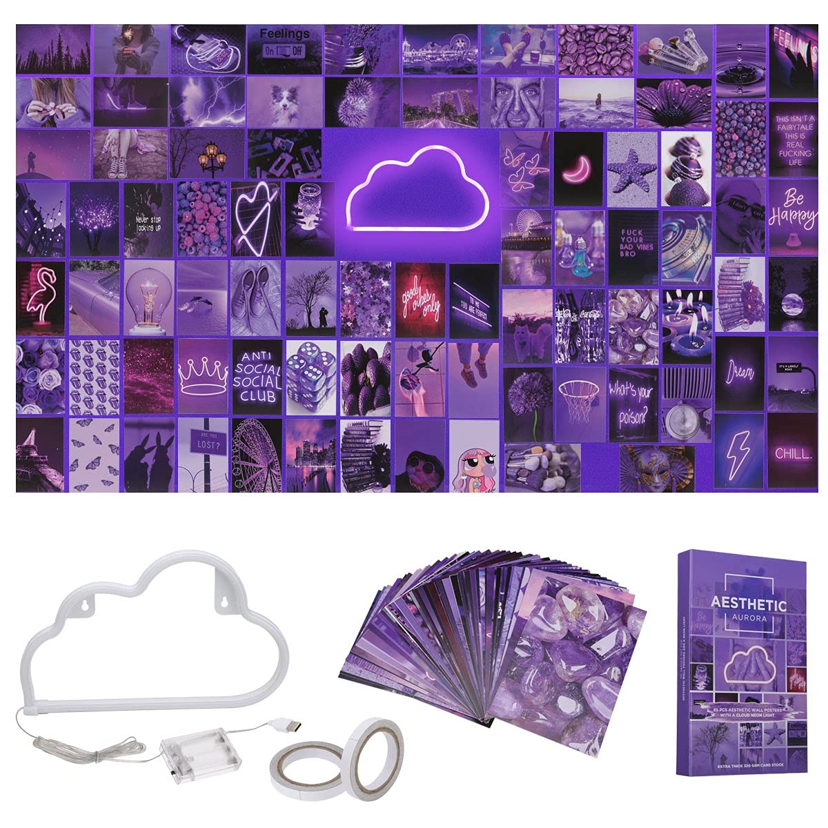 Aesthetic Aurora 85 Pcs 4X6In Photo Wall Collage Kit, Posters & Cloud Led Lights For Bedroom, Picture For Wall Aesthetic Indie R