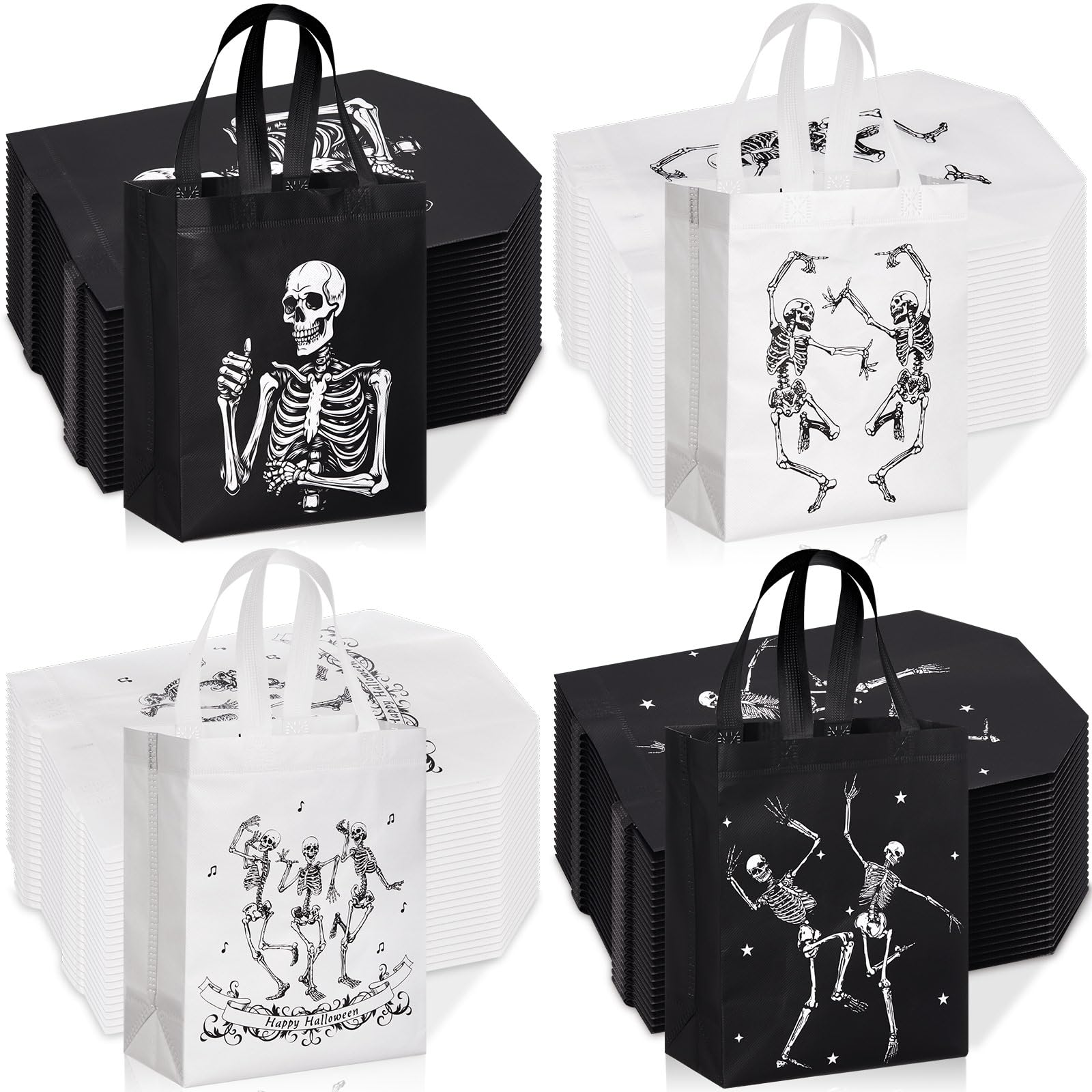 Wesnoy 48 Pcs Halloween Skeleton Gift Bags Party Favors Reusable Black White Non Woven Skull Goodie Candy Treat Tote Bags Bulk w
