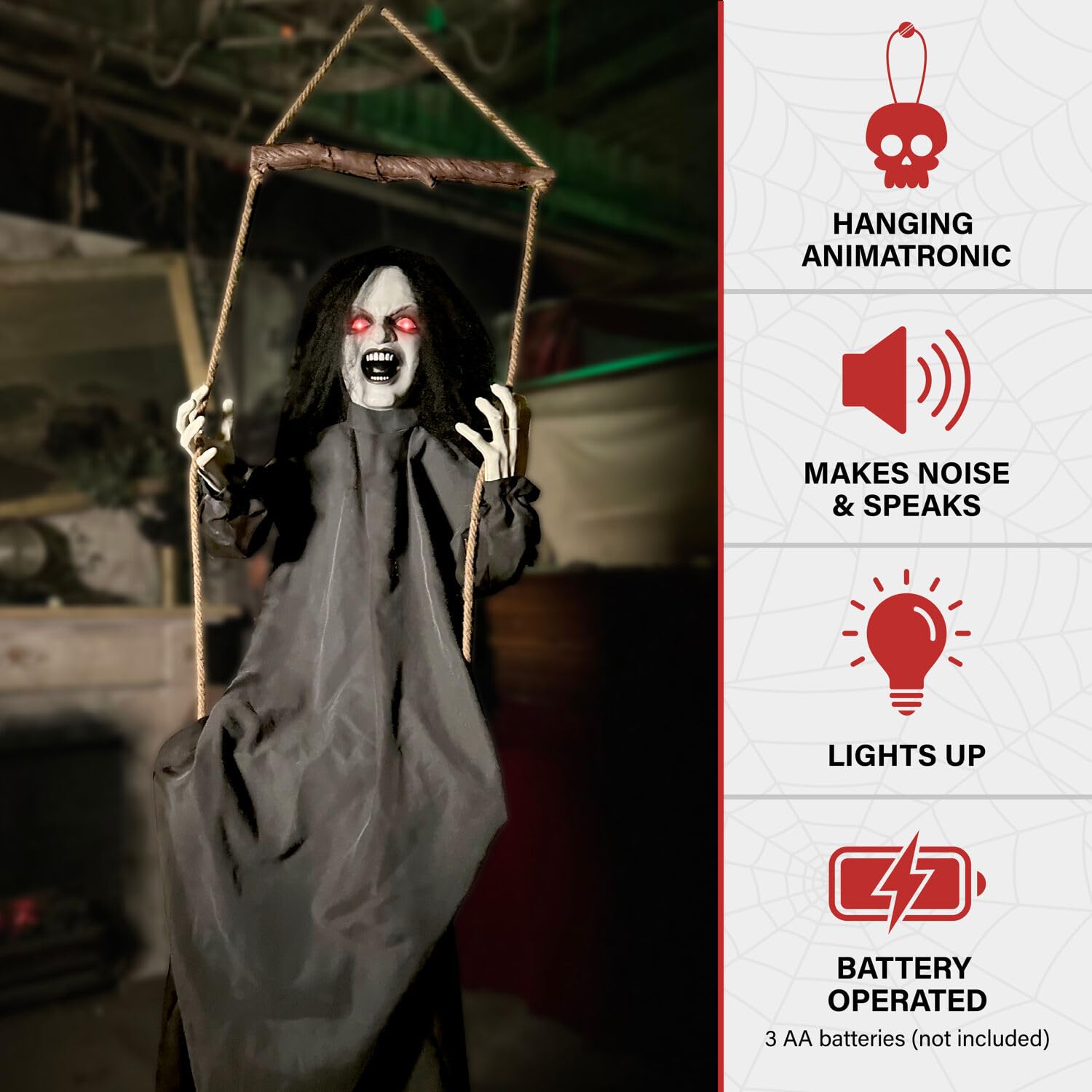 Haunted Hill Farm Animatronic Scary Talking Demon Woman on Swing with Touch Activated Lights and Sound, Battery-Operated Indoor