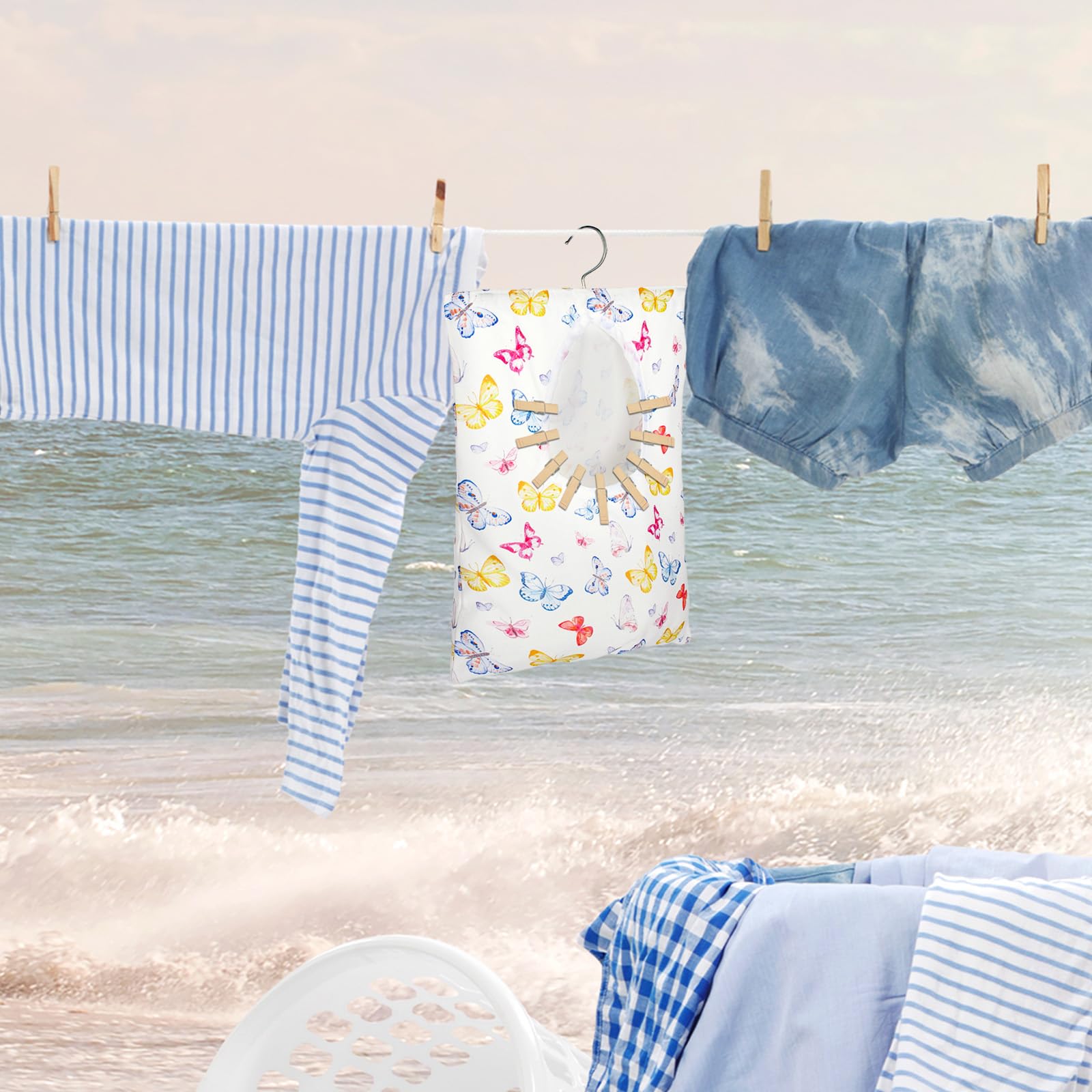 Whaline 2 Pcs Clothespin Bag With Hanging Hook Watercolor Butterfly Laundry Clothes Pin Holder Waterproof Clothespin Storage Org
