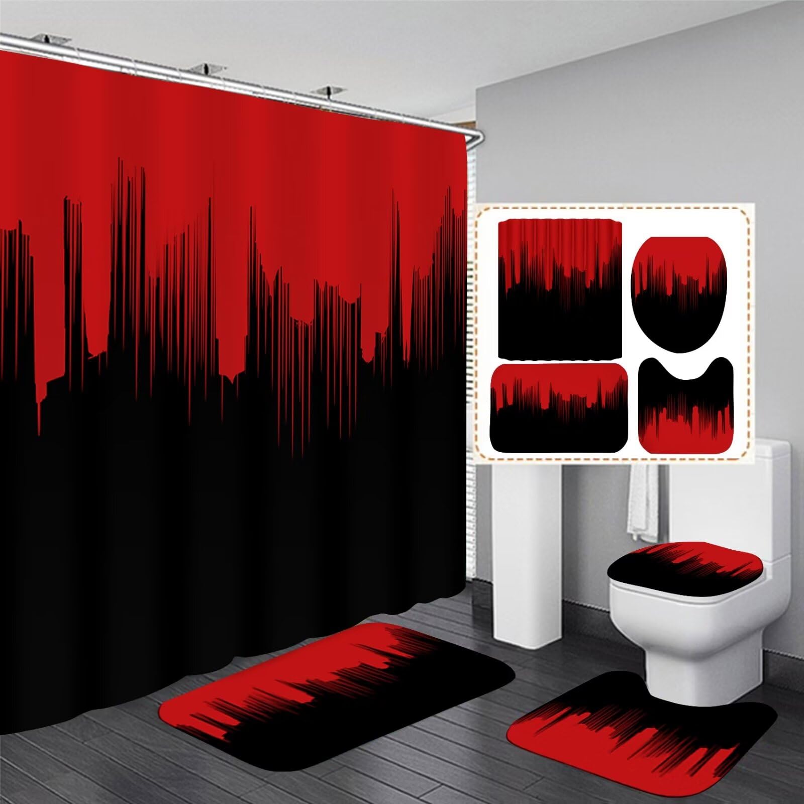 Yddsky 4 Pcs Red And Black Shower Curtain Sets Non-Slip Rugs Bath Mat Toilet Cover, U-Shaped Mat, Gradient Shower Curtain With 1