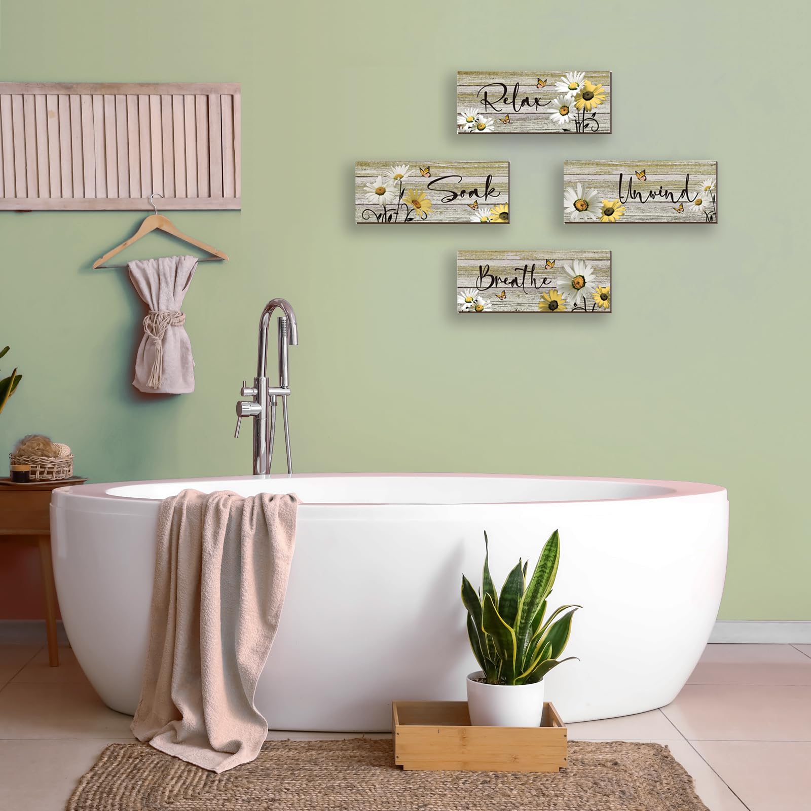 ZINYAZHE 4 Pcs Farmhouse Yellow Bathroom Wall Decor Yellow Daisy Floral Flowers and Butterfly Wall Art Relax Soak Unwind Breathe