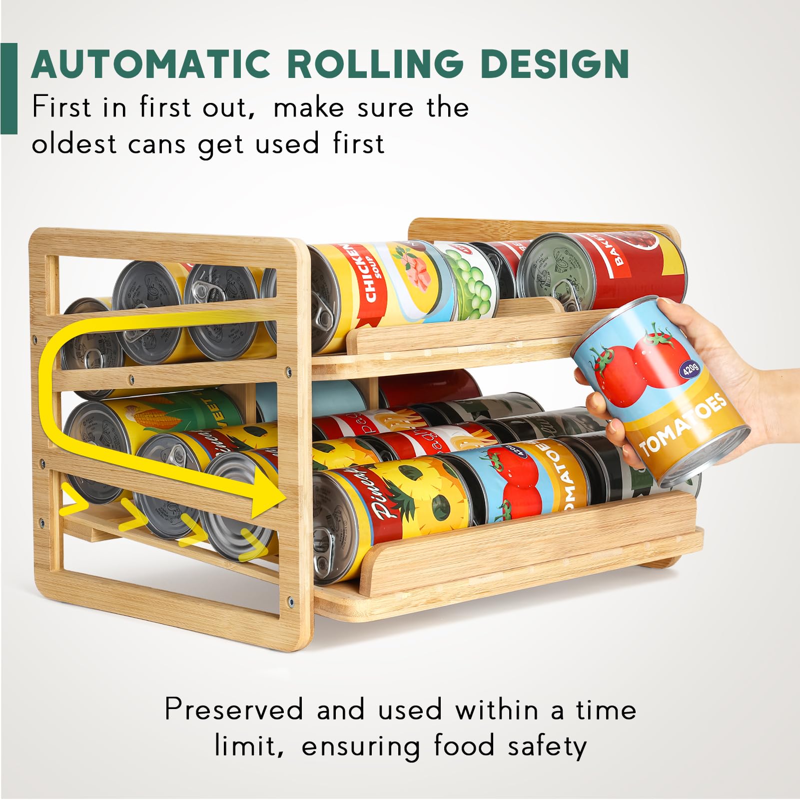 Yumkfoi Rolling Bamboo Can Organizer Rack, Stackable Double-Layer Can Organizers And Storage For Pantry, Canned Goods Holder Dis