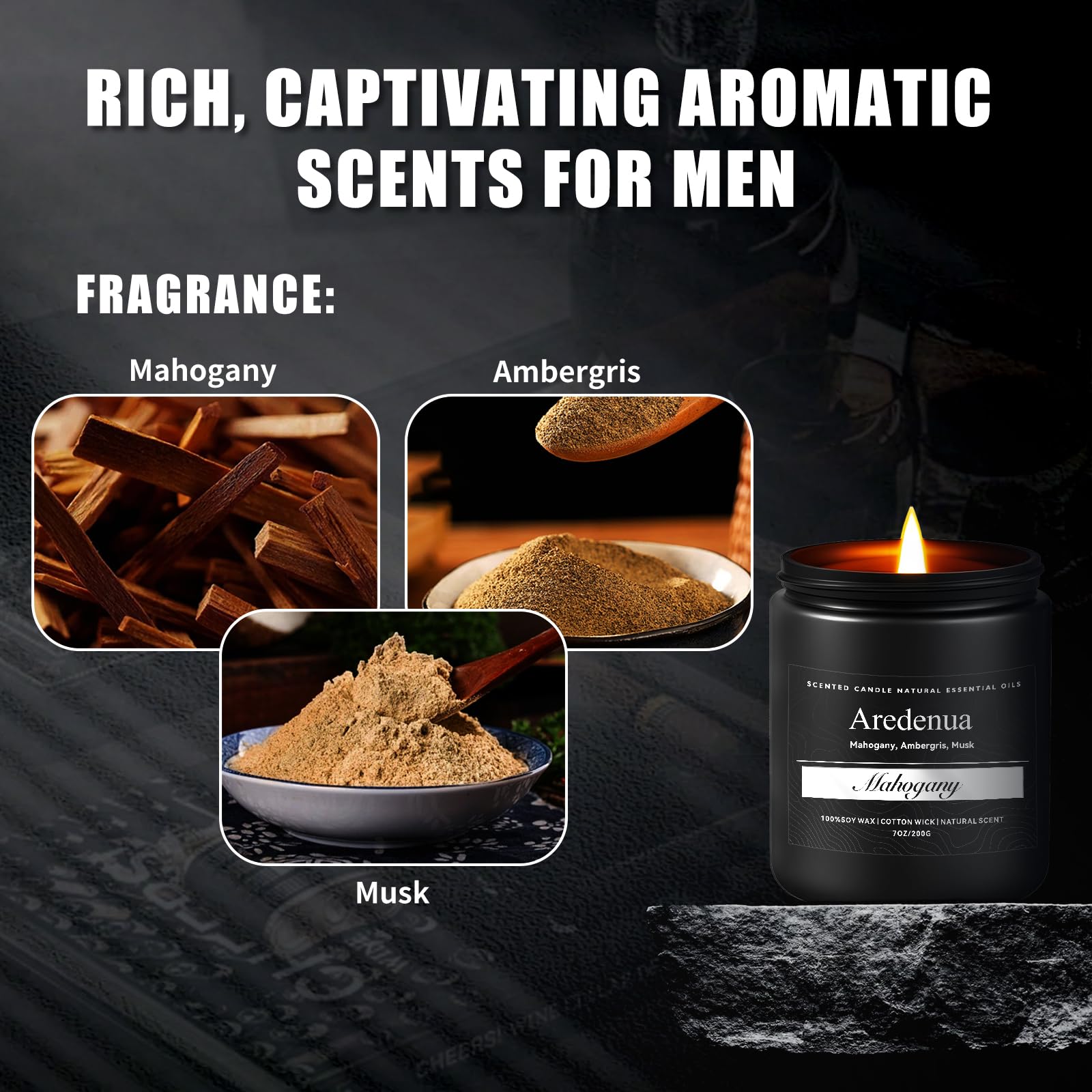 Mahogany Candle, Manly Scented Candles for Home, Masculine Candle Gifts for Men - 7oz Soy Candles for Home Scented, 50 Hours Bur