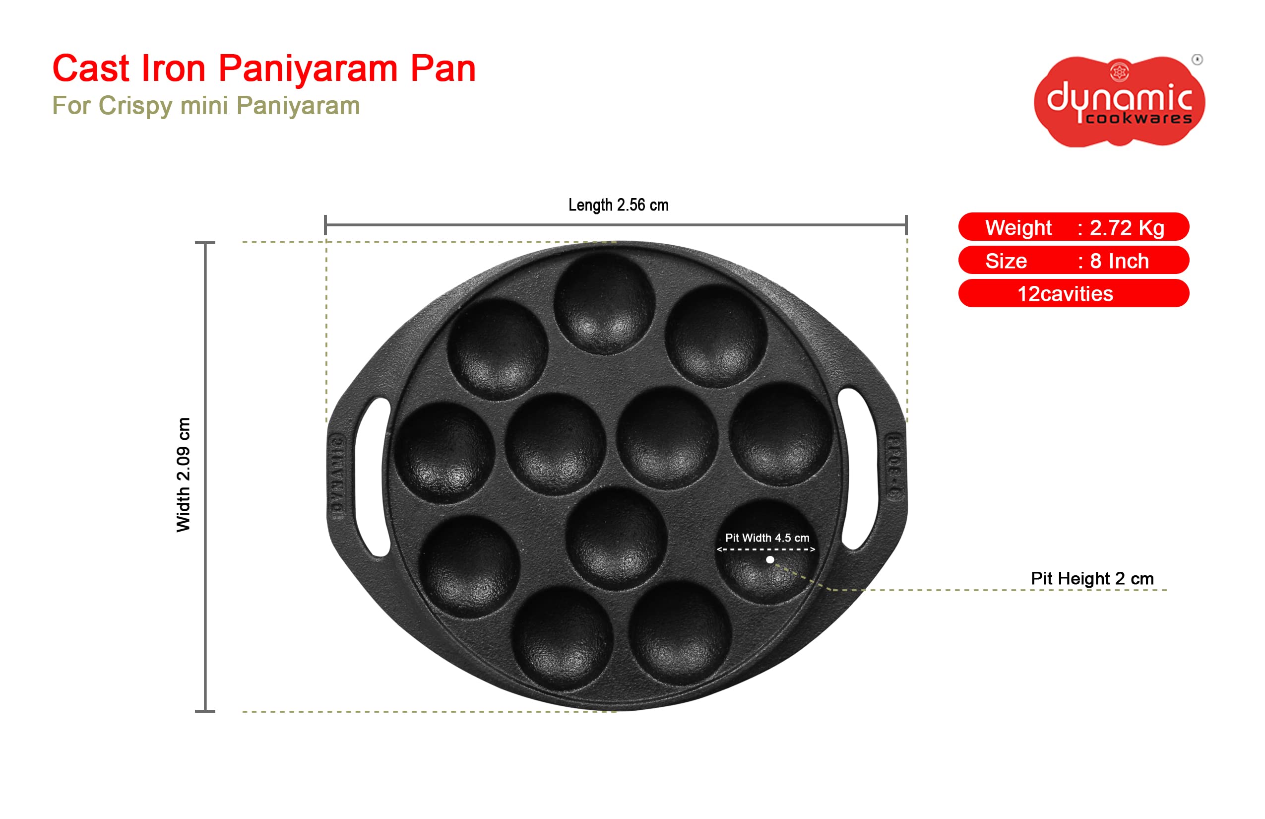 Dynamic Cookwares Pre-Seasoned Mini Paniyaram Pan | 8 Inch/20.9 Cm/12 Cavity | Naturally Nonstick Appe/Paddu Pan 12 Pit | 100% P