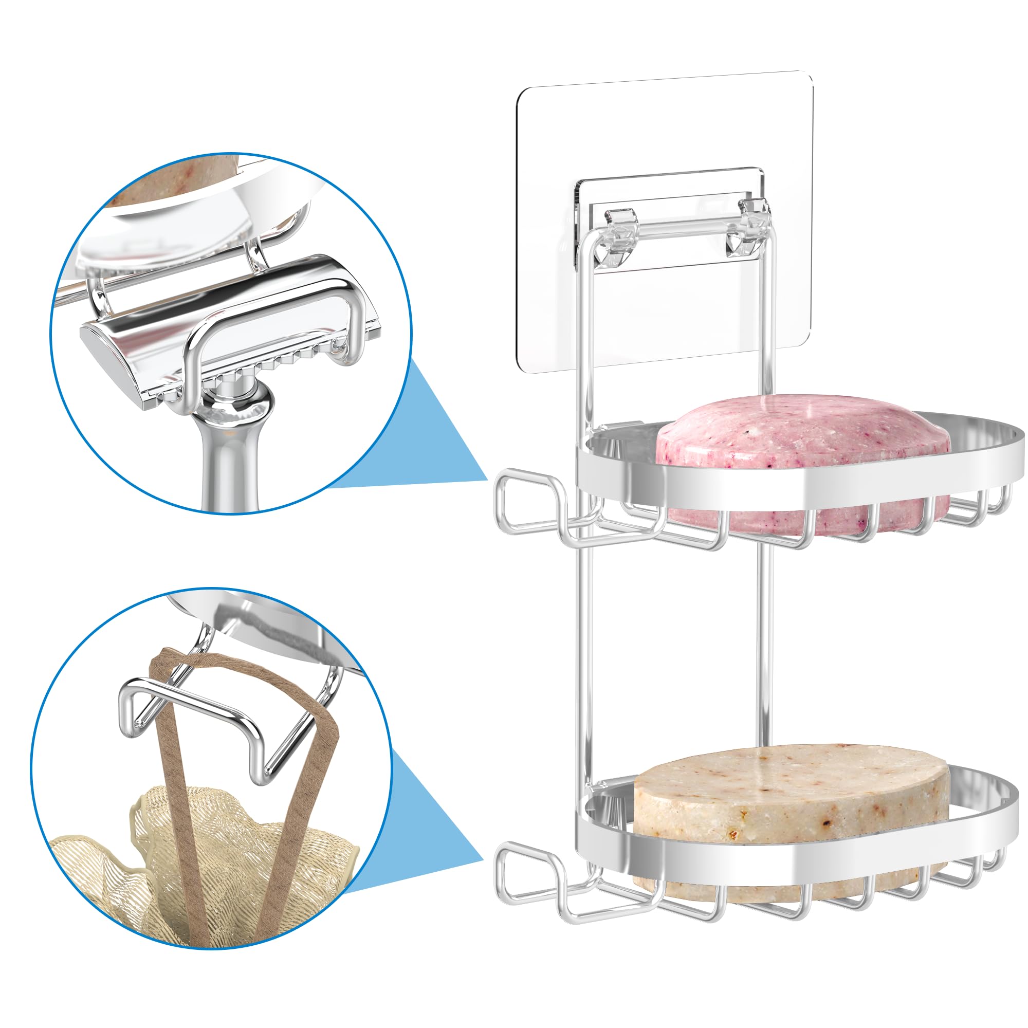 Masadi 2 Tier Soap Dish Holder, Wall Mounted Soap Tray With Drainage, Shampoo Bar Caddy For Shower Wall, Soap Savers, Razor Hold