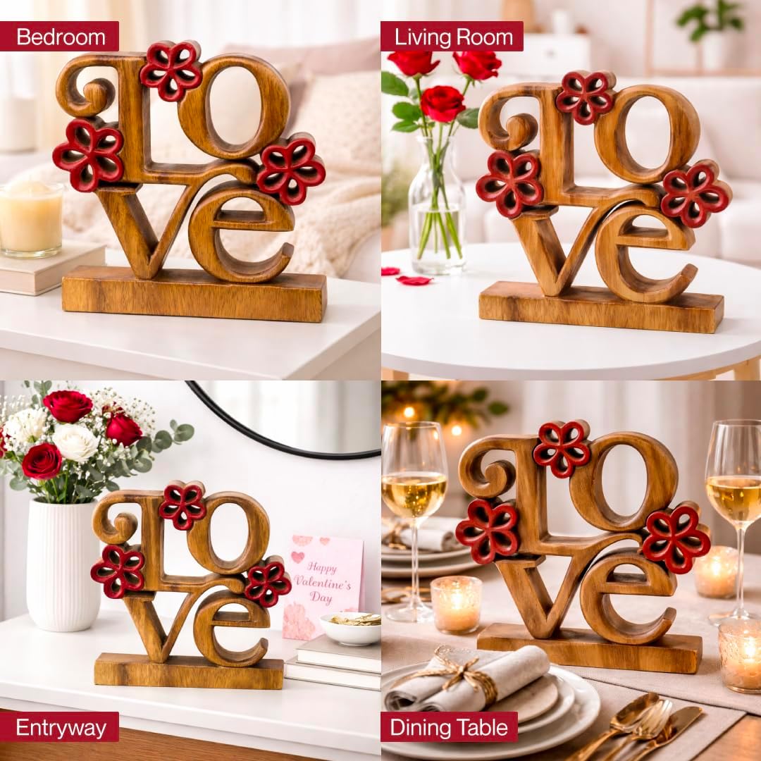 Wooden Love Sculpture – Handcrafted Solid Acacia Wood Figurine | Decorative Wood Art