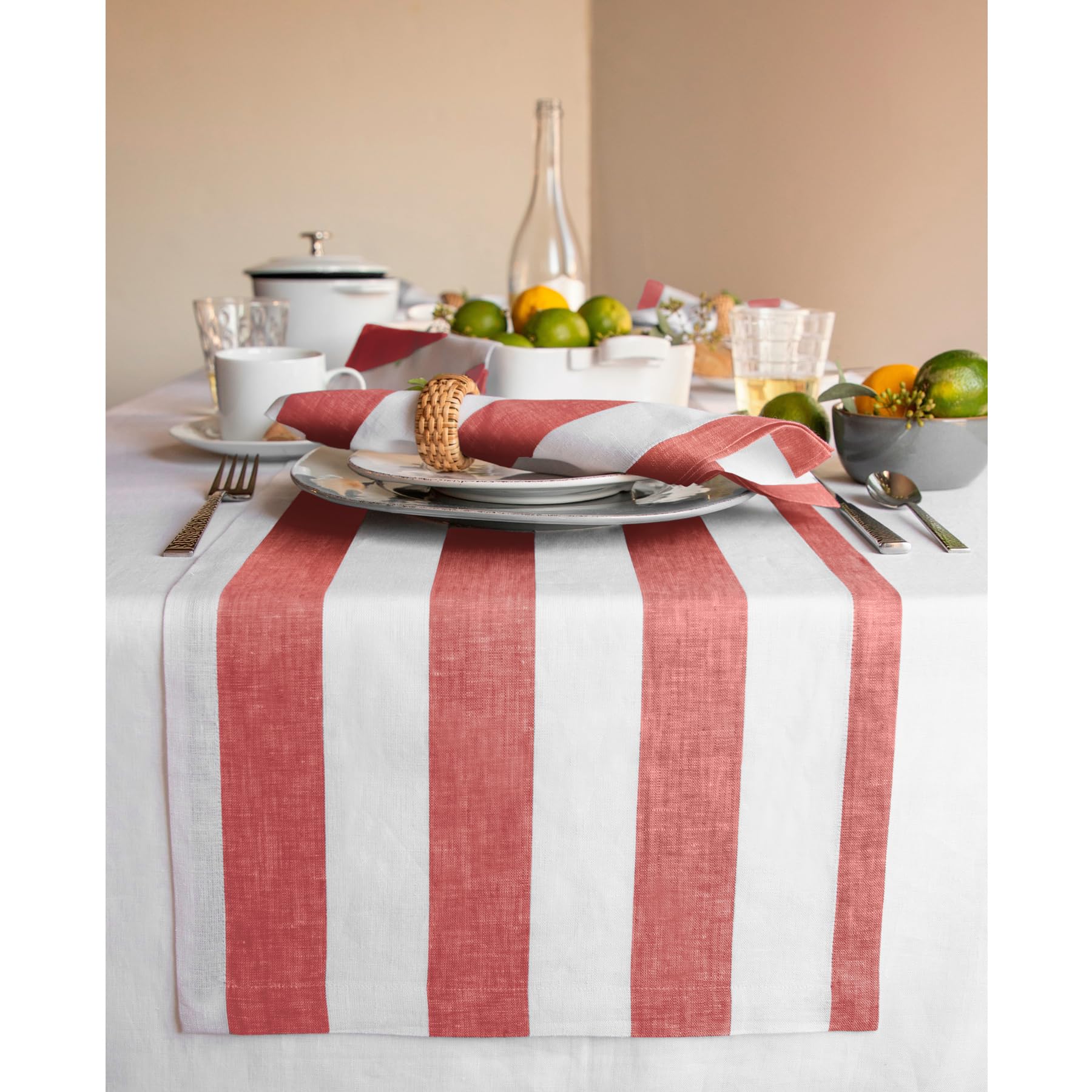 Solino Home Cabana Stripe Linen Table Runner 14 X 36 Inch - 100% Pure Linen Red And White Table Runner For Spring - Handcrafted