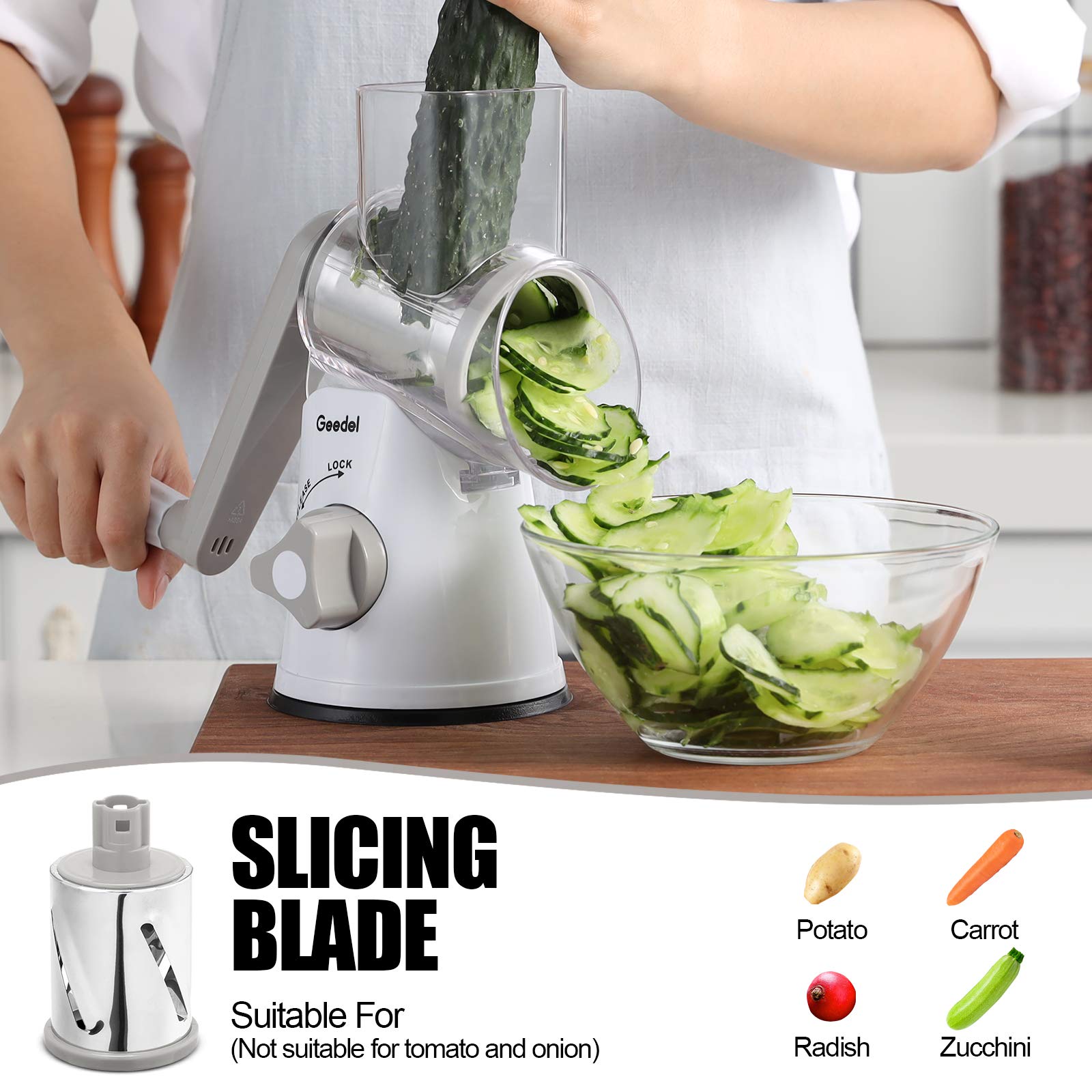 Geedel Rotary Cheese Grater & Vegetable Slicer, 3 Blades, Easy to Clean, White
