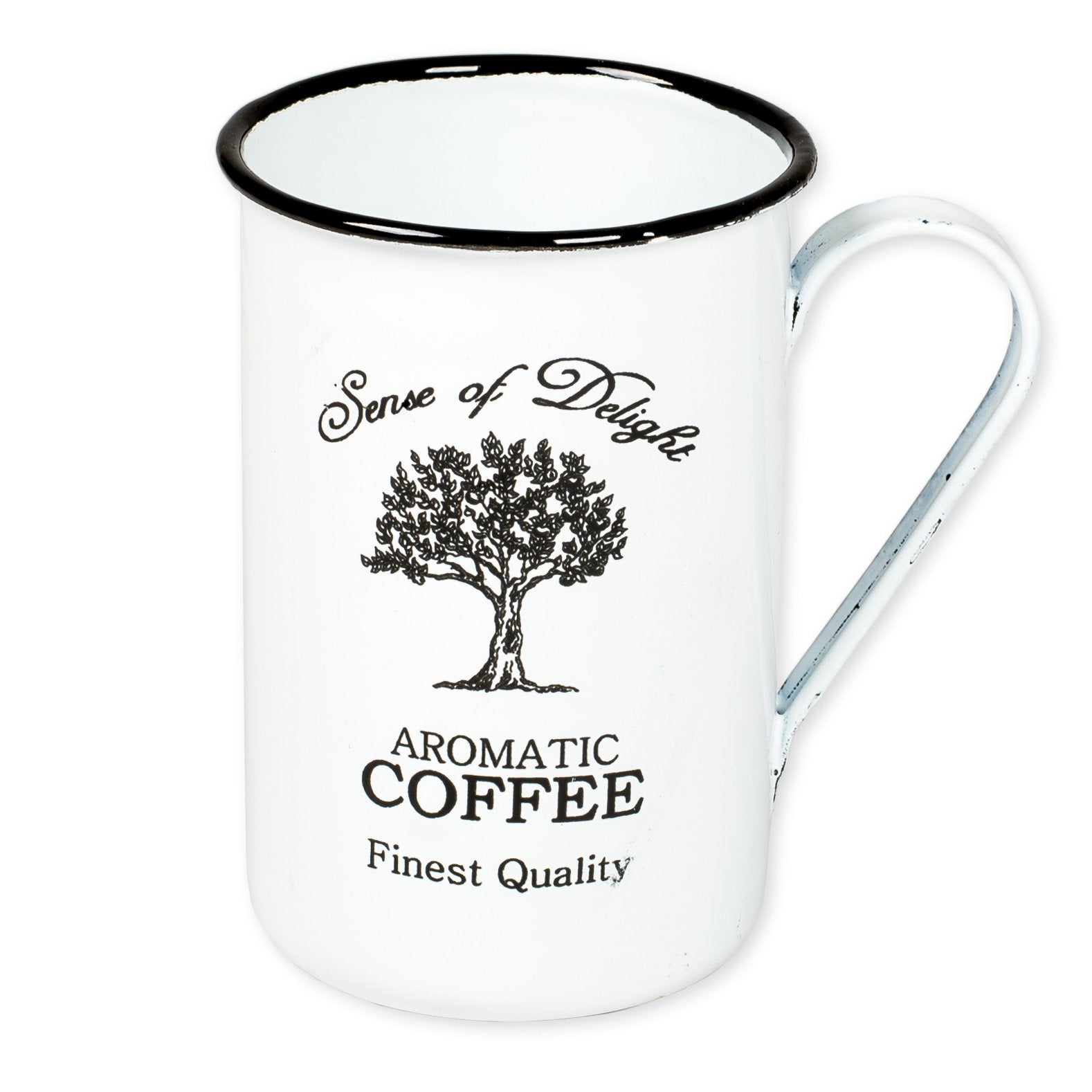 Coffee Cup - Enamelware Aromatic - Primitive Country Rustic Distressed Enamel Black Trim