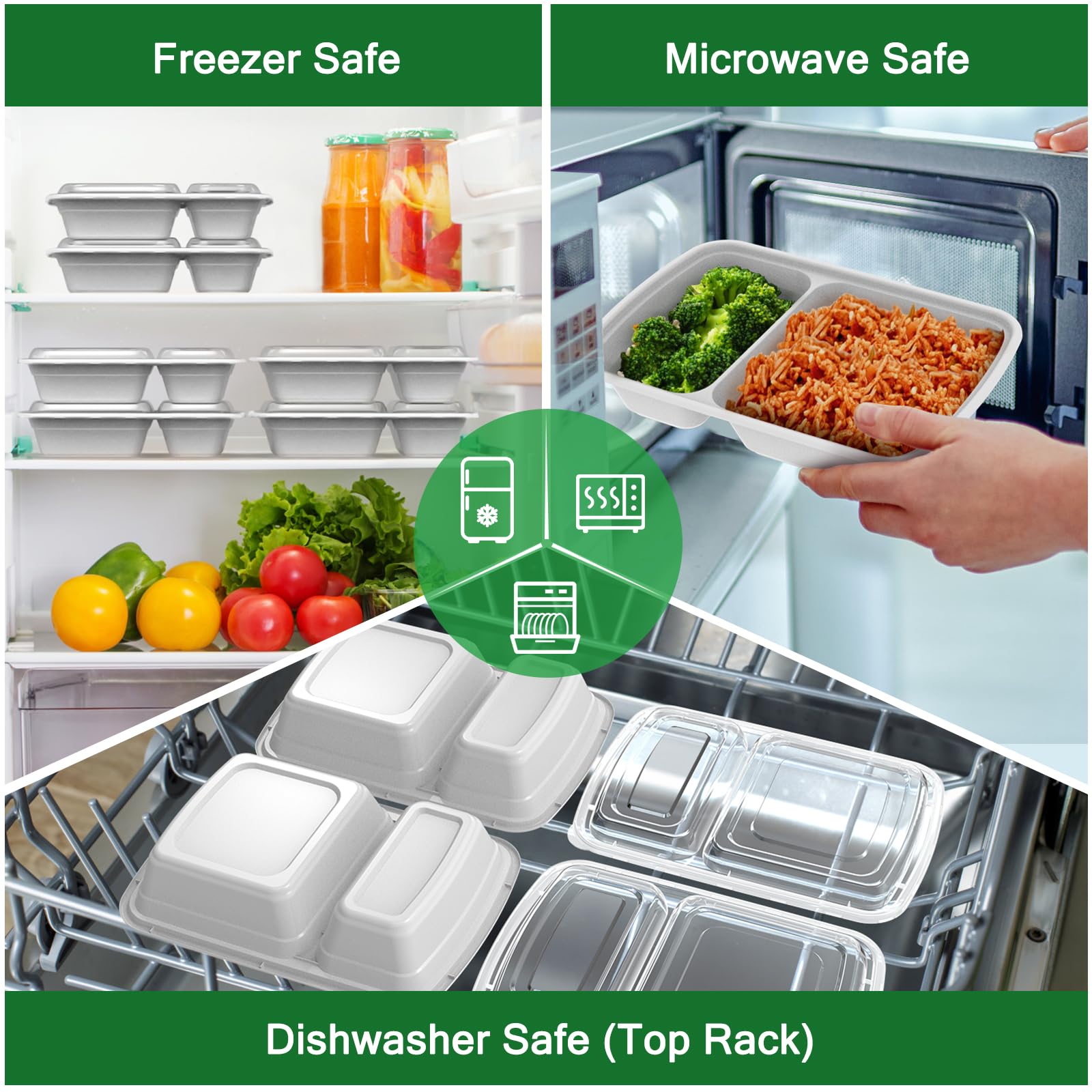 50 Pack (100-Piece) 28 Oz Meal Prep Containers Reusable With Lids 2-Compartment, Sturdy Leakproof Food Safe, Microwave Freezer D