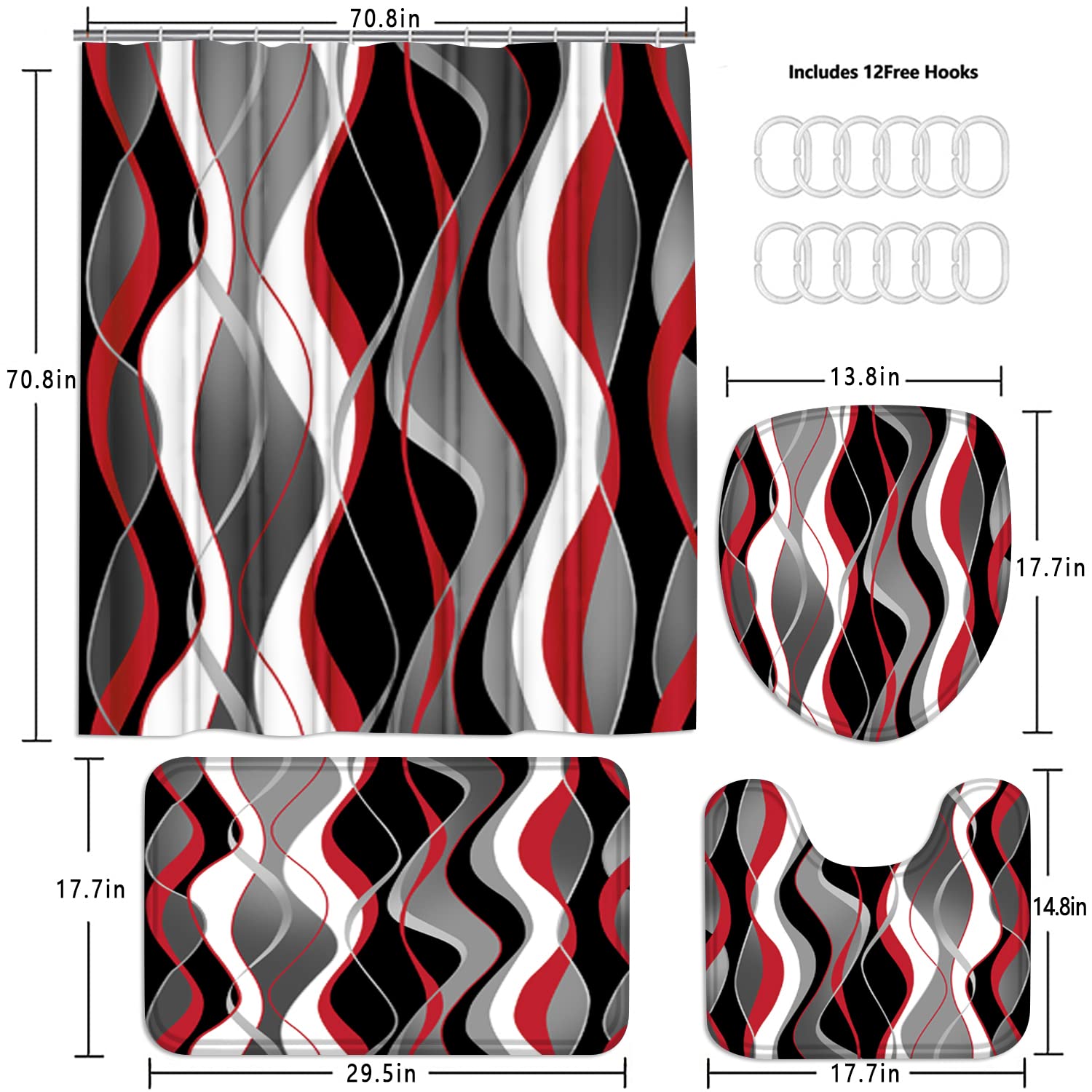Nkzply 4 Pcs Red And Black Striped Shower Curtain Set Grey And White Bathroom Sets With Shower Curtain And Rugs Red Modern Home